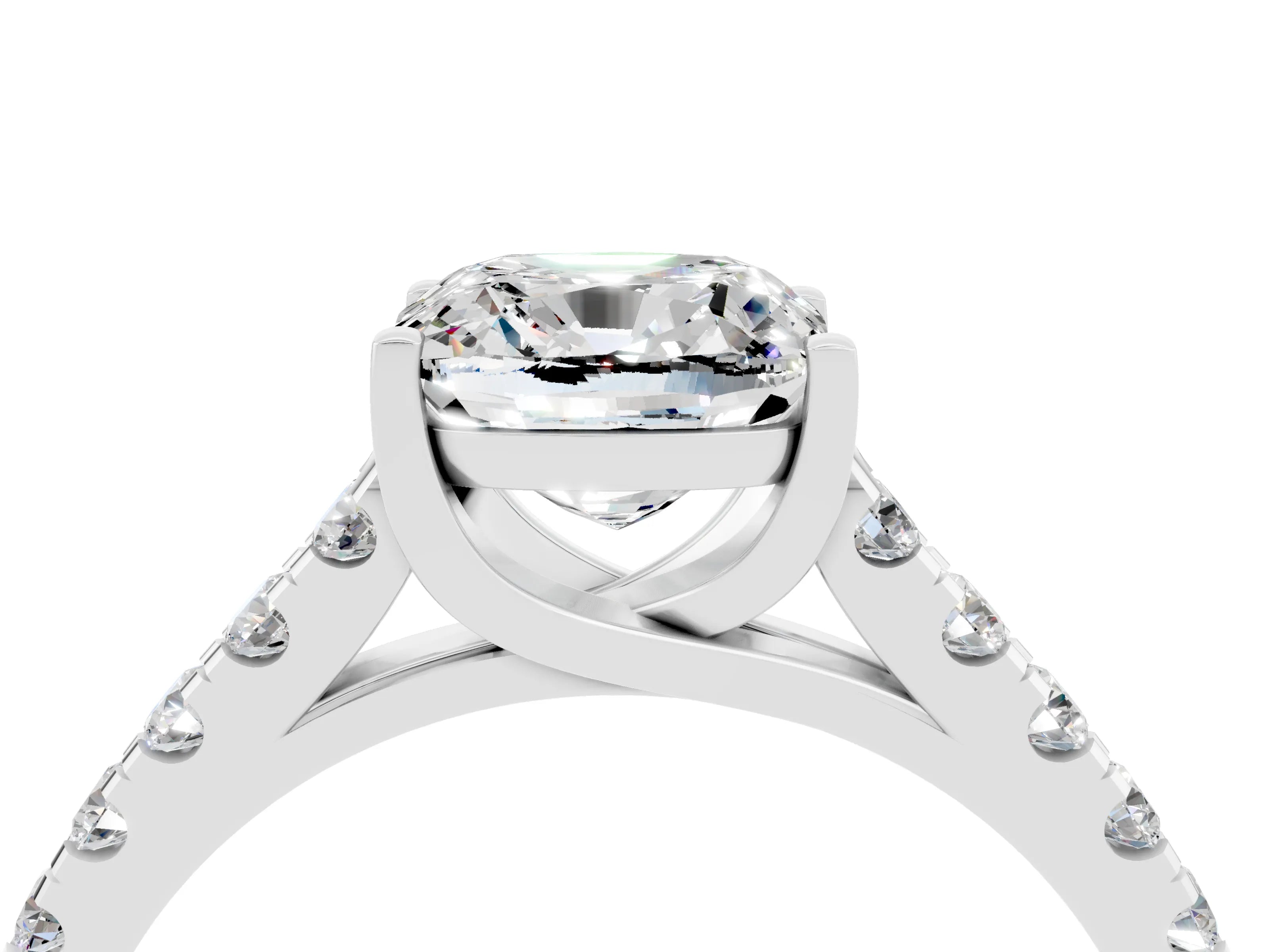White gold {shape_name} Moissanite Solitaire Ring with Pavé Band and Four-Prong Setting_4
