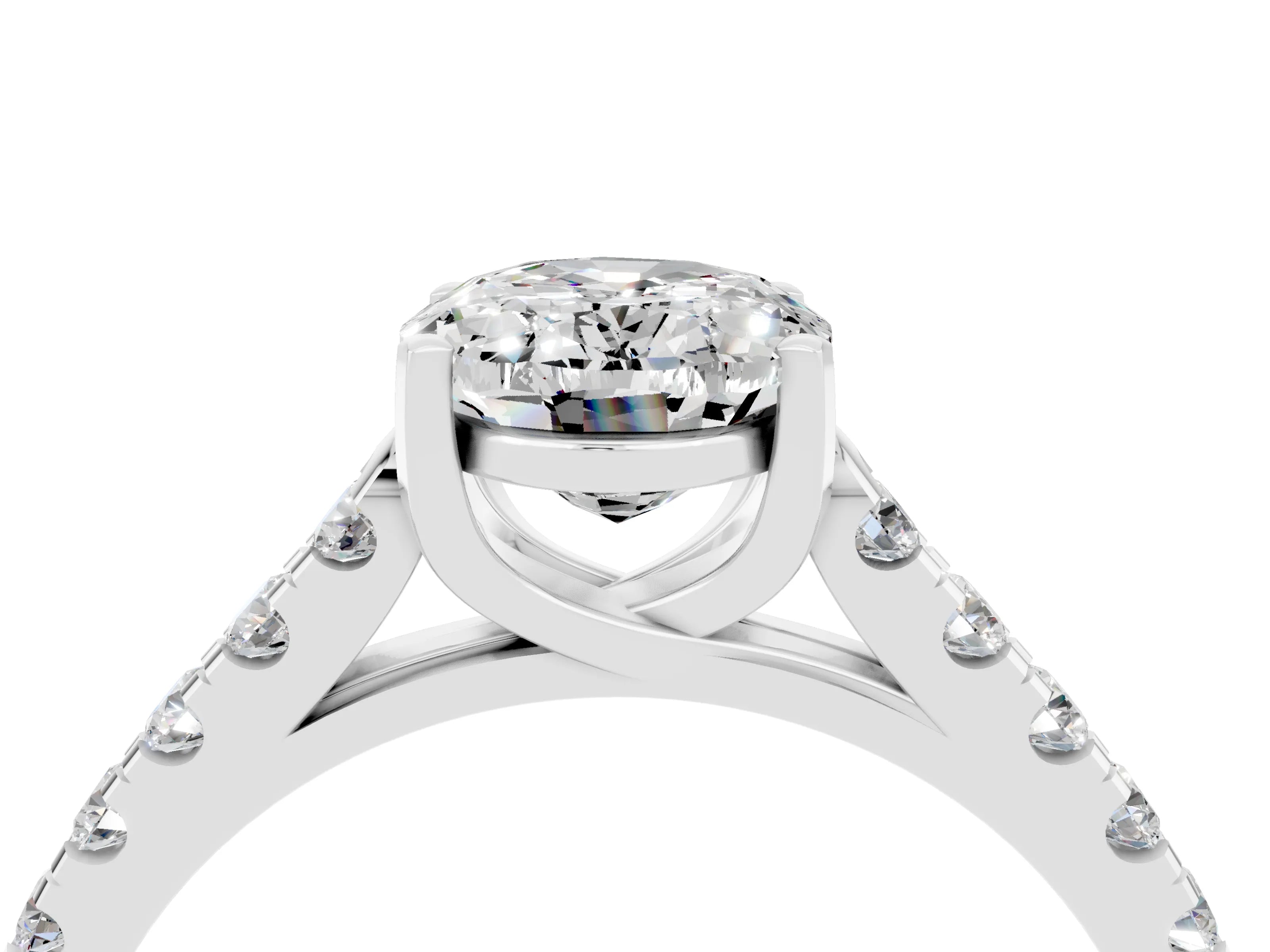 White gold {shape_name} Moissanite Solitaire Ring with Pavé Band and Four-Prong Setting_4