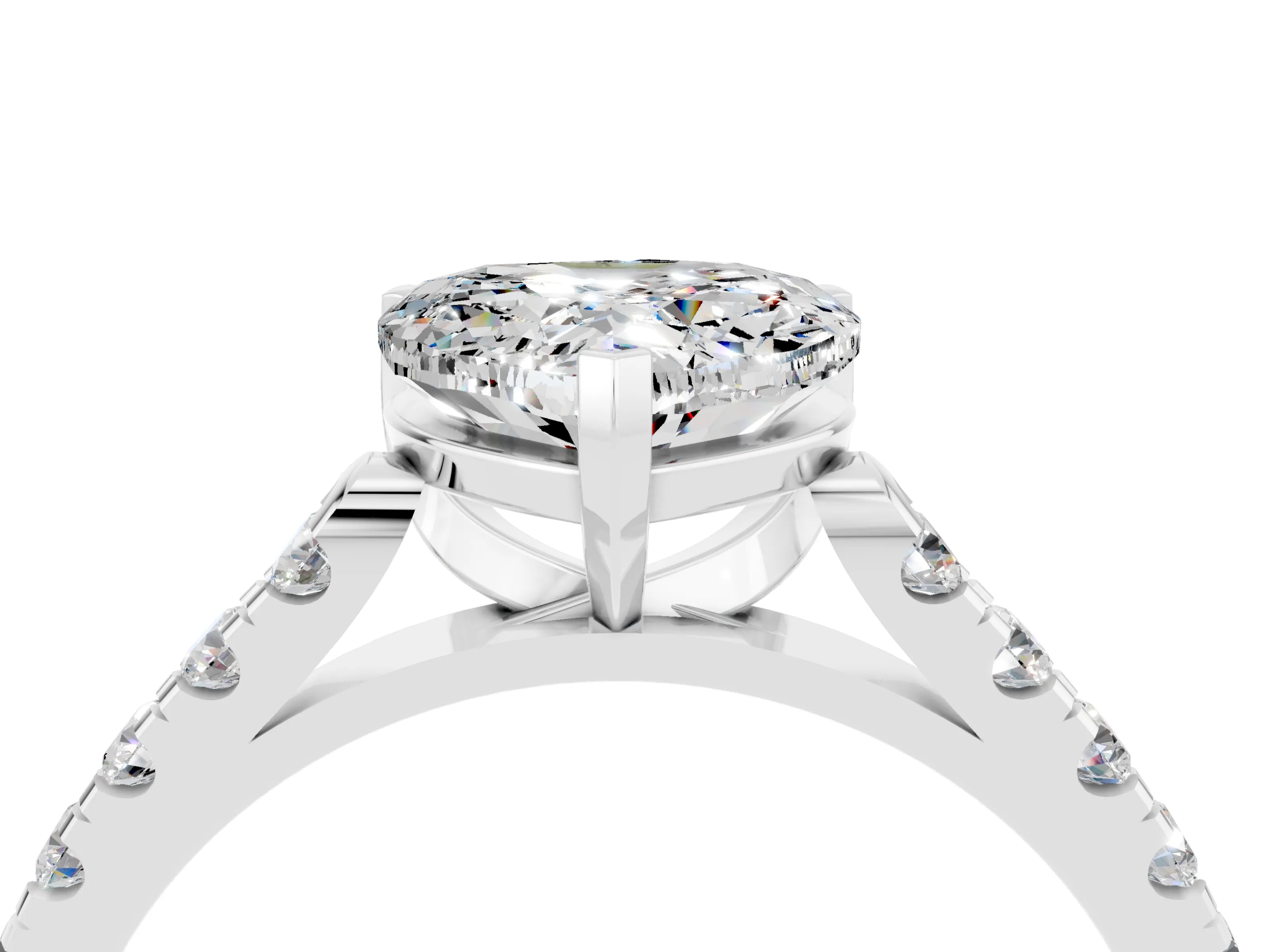White gold {shape_name} Moissanite Solitaire Ring with Pavé Band and Four-Prong Setting_4