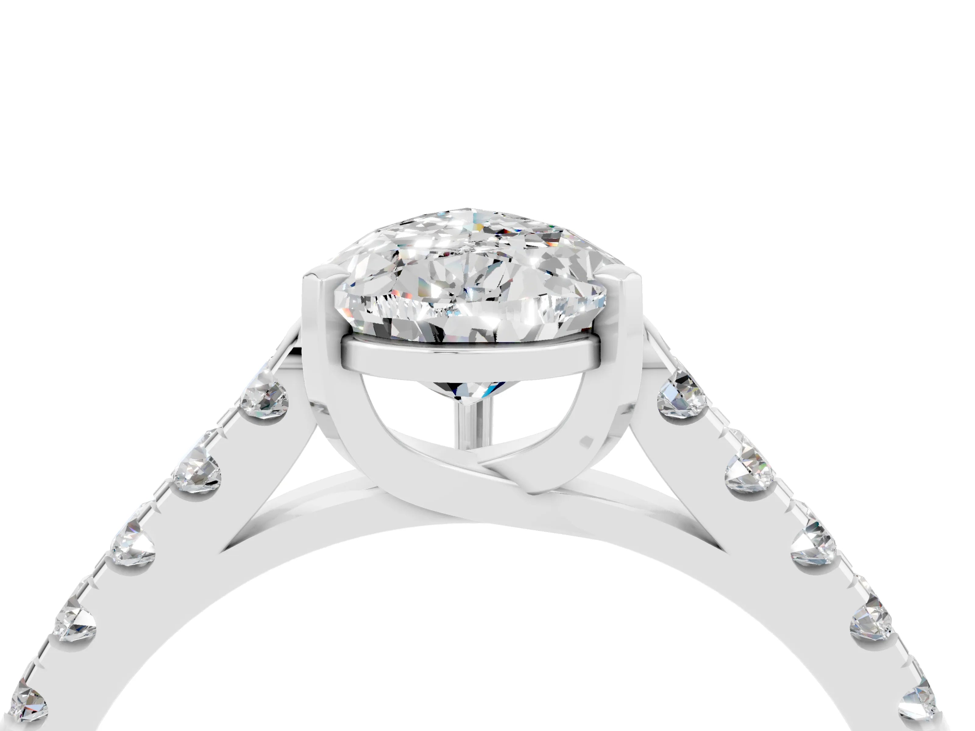 White gold {shape_name} Moissanite Solitaire Ring with Pavé Band and Four-Prong Setting_4
