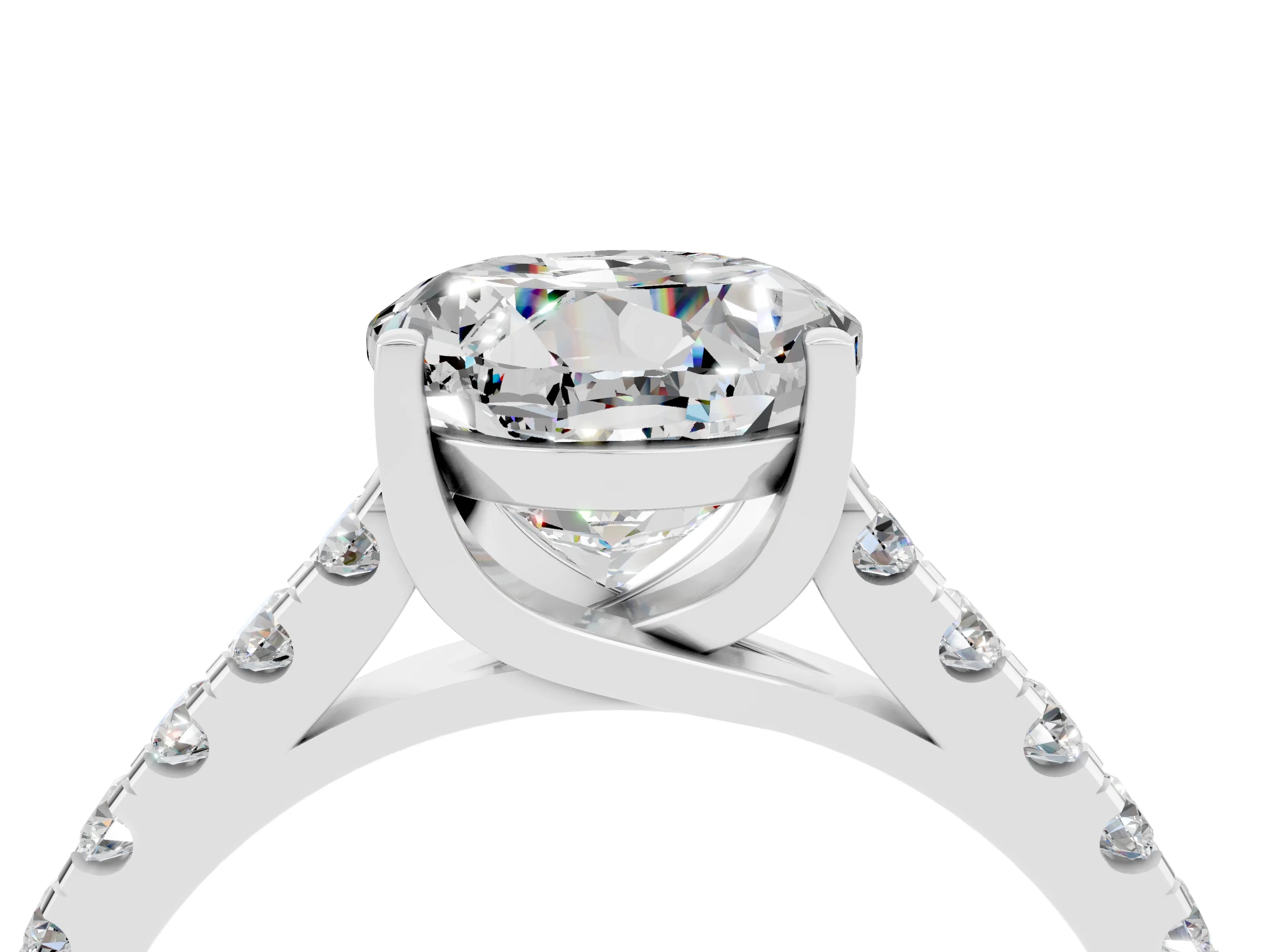 White gold {shape_name} Moissanite Solitaire Ring with Pavé Band and Four-Prong Setting_4