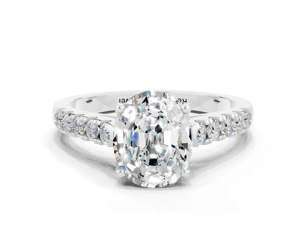 Platinum Oval Cut Moissanite Pavé Band Solitaire Ring with Prong Setting