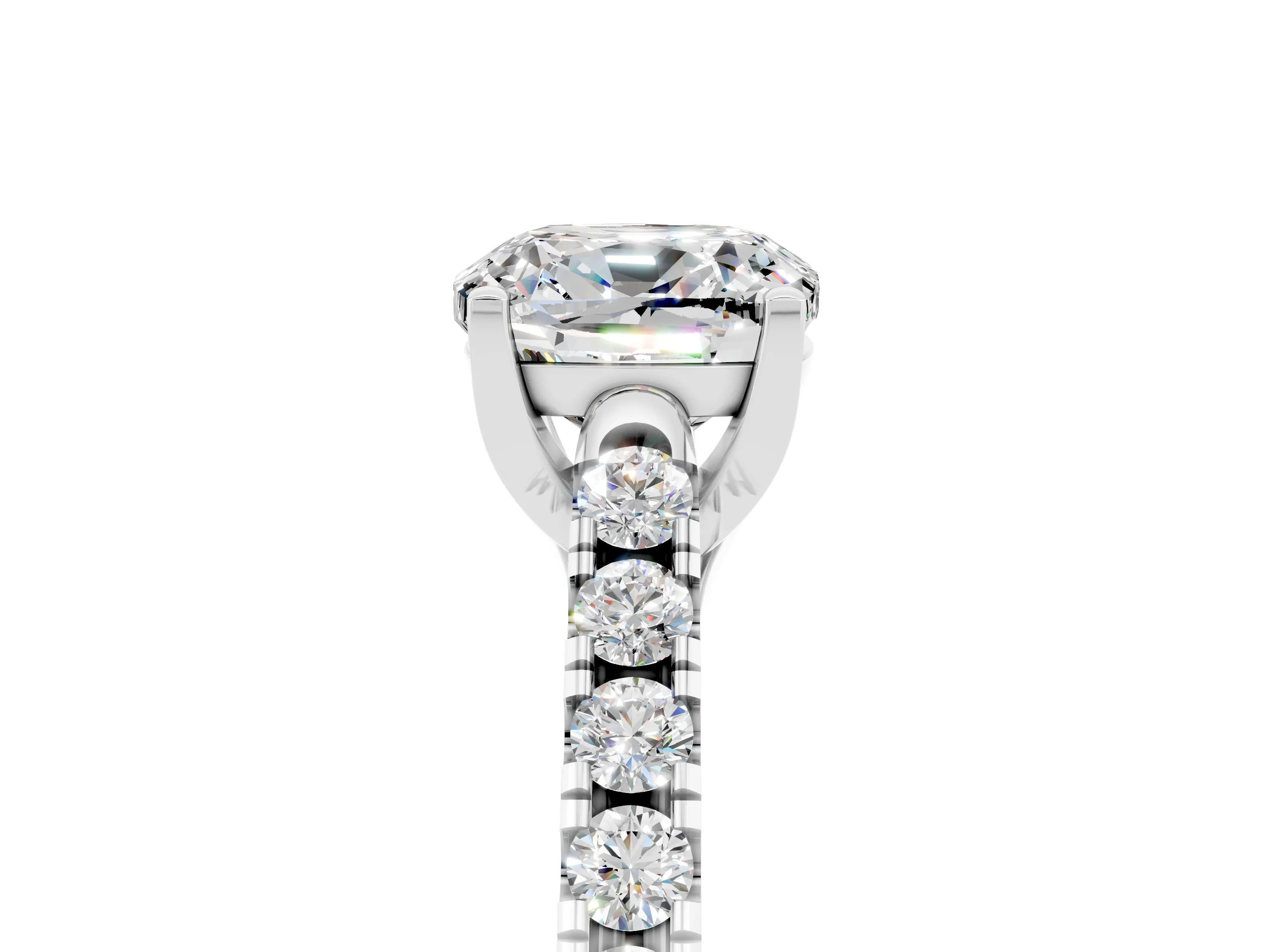 White gold {shape_name} Moissanite Solitaire Ring with Pavé Band and Four-Prong Setting_5