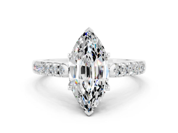 Silver Marquise Cut Moissanite Pavé Band Solitaire Ring with Prong Setting