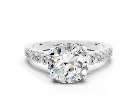 White gold {shape_name} Moissanite Solitaire Ring with Pavé Band and Four-Prong Setting