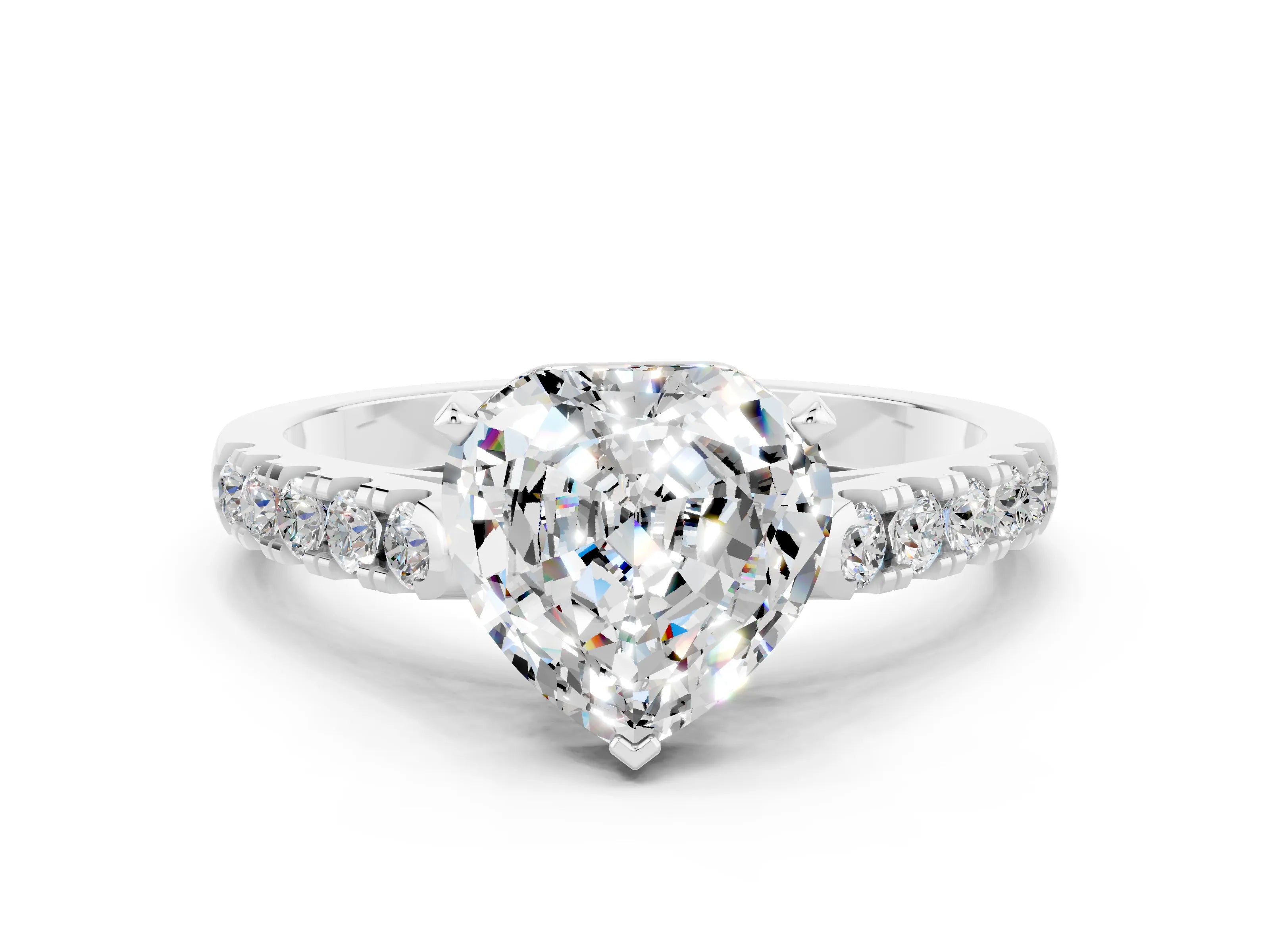White gold {shape_name} Moissanite Solitaire Ring with Pavé Band and Four-Prong Setting
