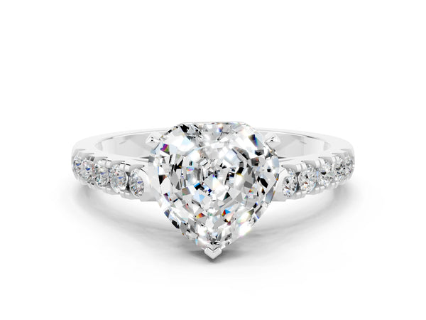 Platinum Heart Cut Moissanite Pavé Band Solitaire Ring with Prong Setting
