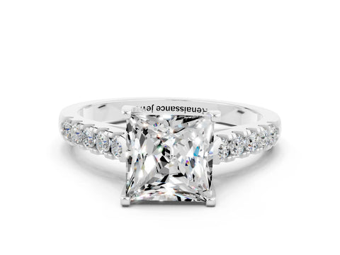 White gold {shape_name} Moissanite Solitaire Ring with Pavé Band and Four-Prong Setting