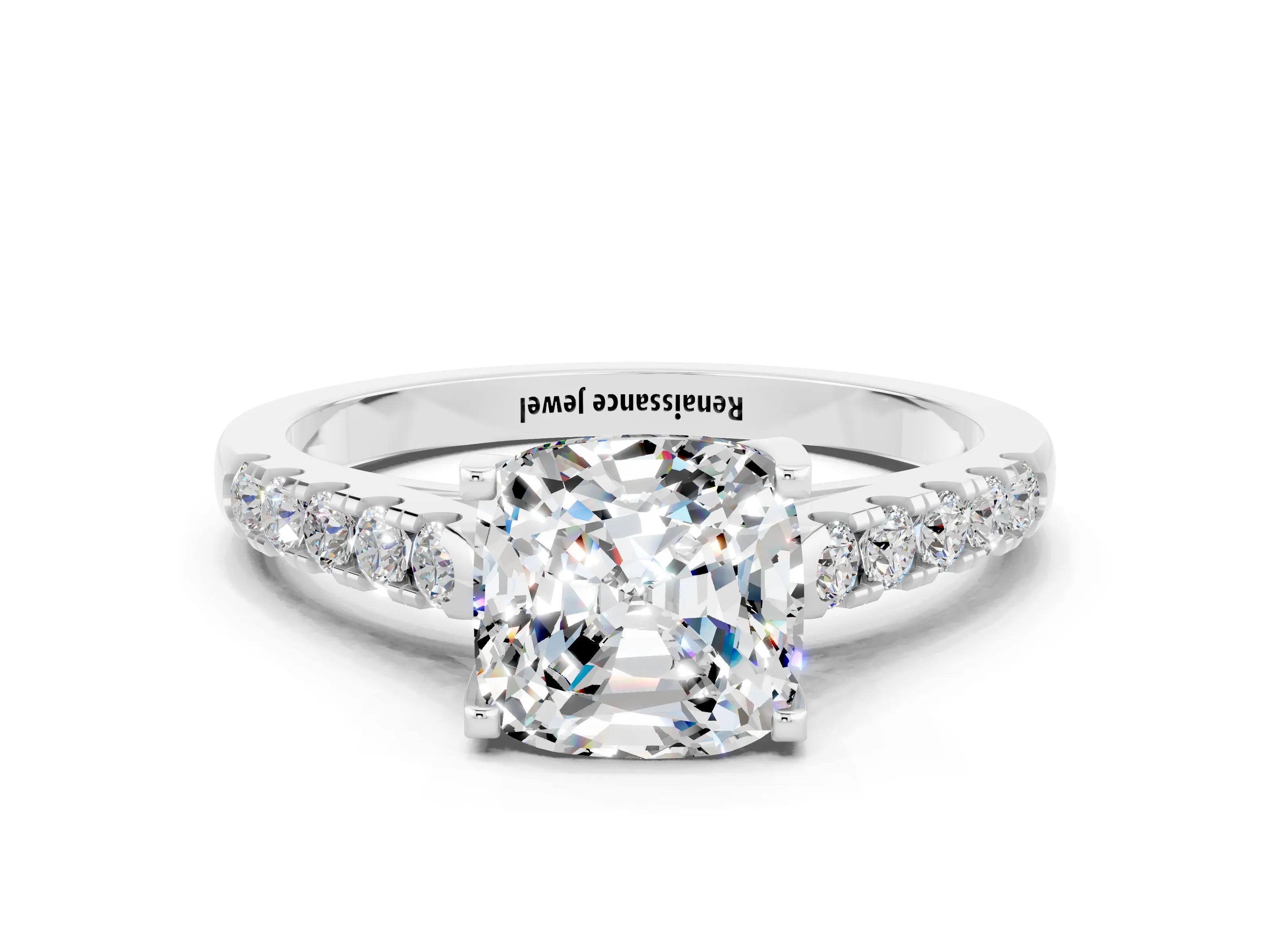 White gold {shape_name} Moissanite Solitaire Ring with Pavé Band and Four-Prong Setting