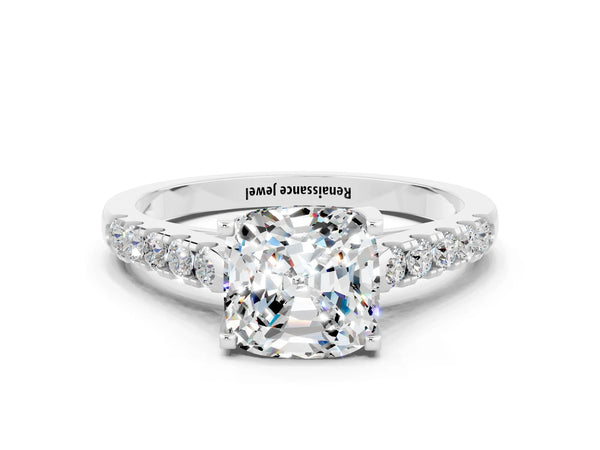 Platinum Cushion Cut Moissanite Pavé Band Solitaire Ring with Prong Setting