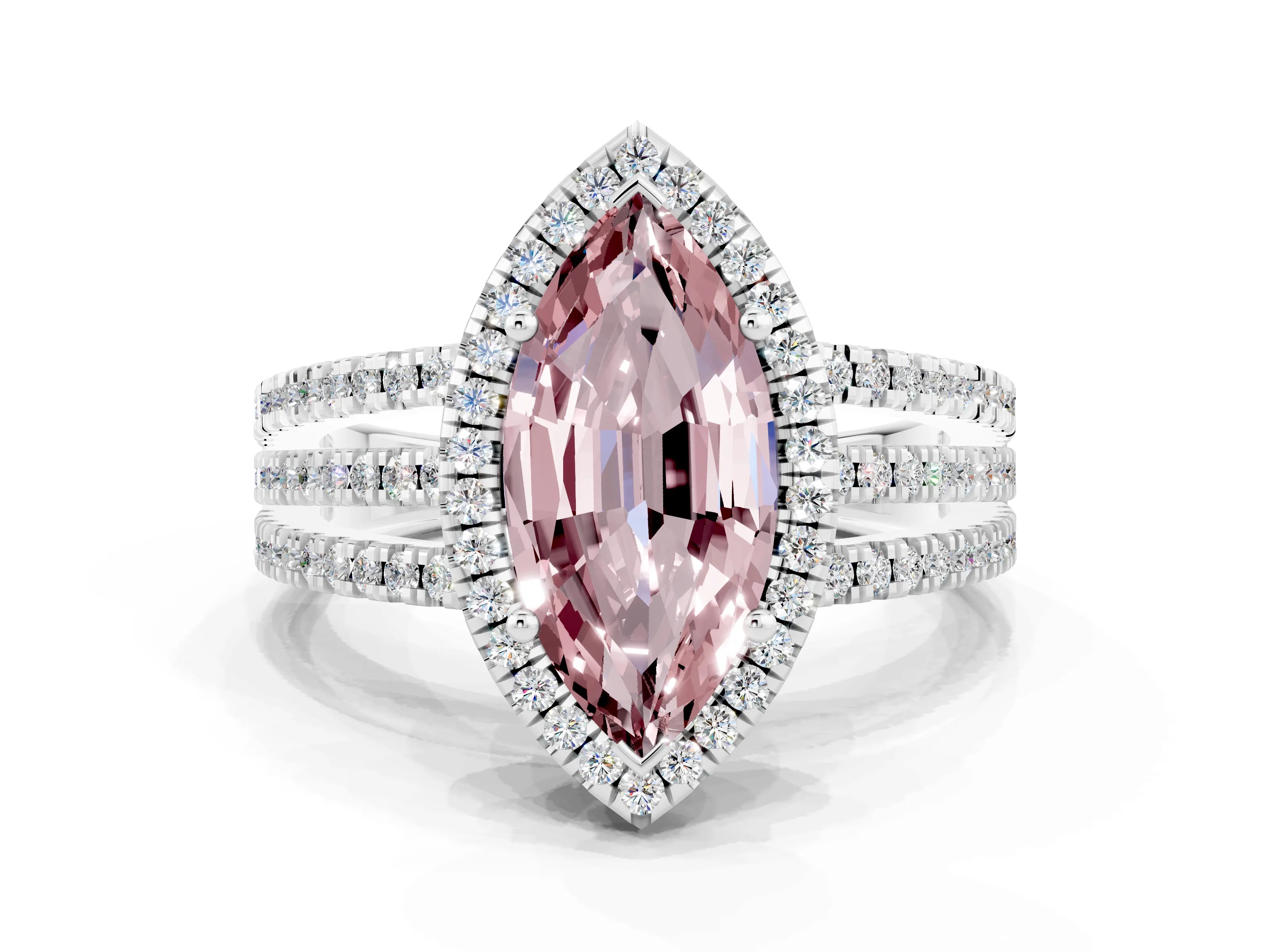 White gold {shape_name} Morganite Halo Engagement Ring with Split Shank and Four-Prong Setting