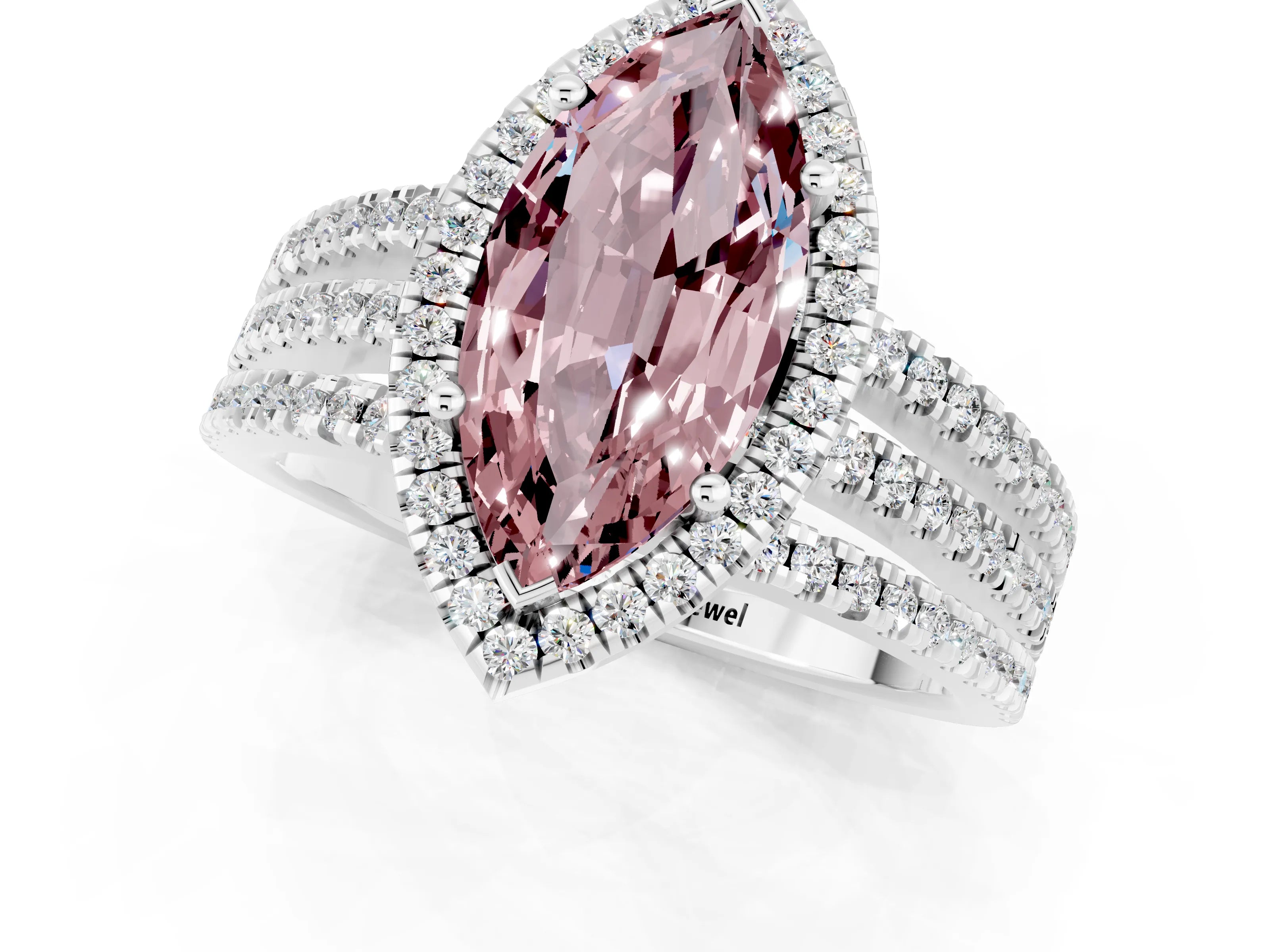 White gold {shape_name} Morganite Halo Engagement Ring with Split Shank and Four-Prong Setting_1