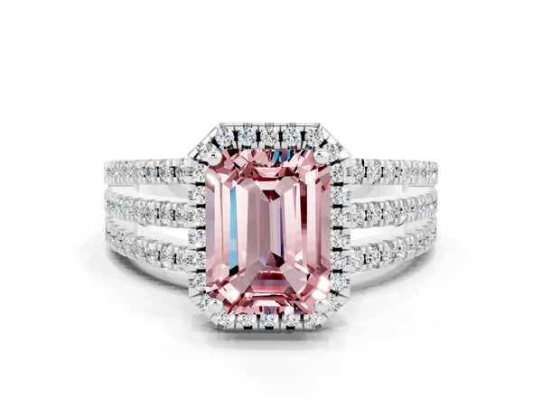 White gold Emerald Cut Morganite Halo Engagement Ring with Split Shank and Four-Prong Setting