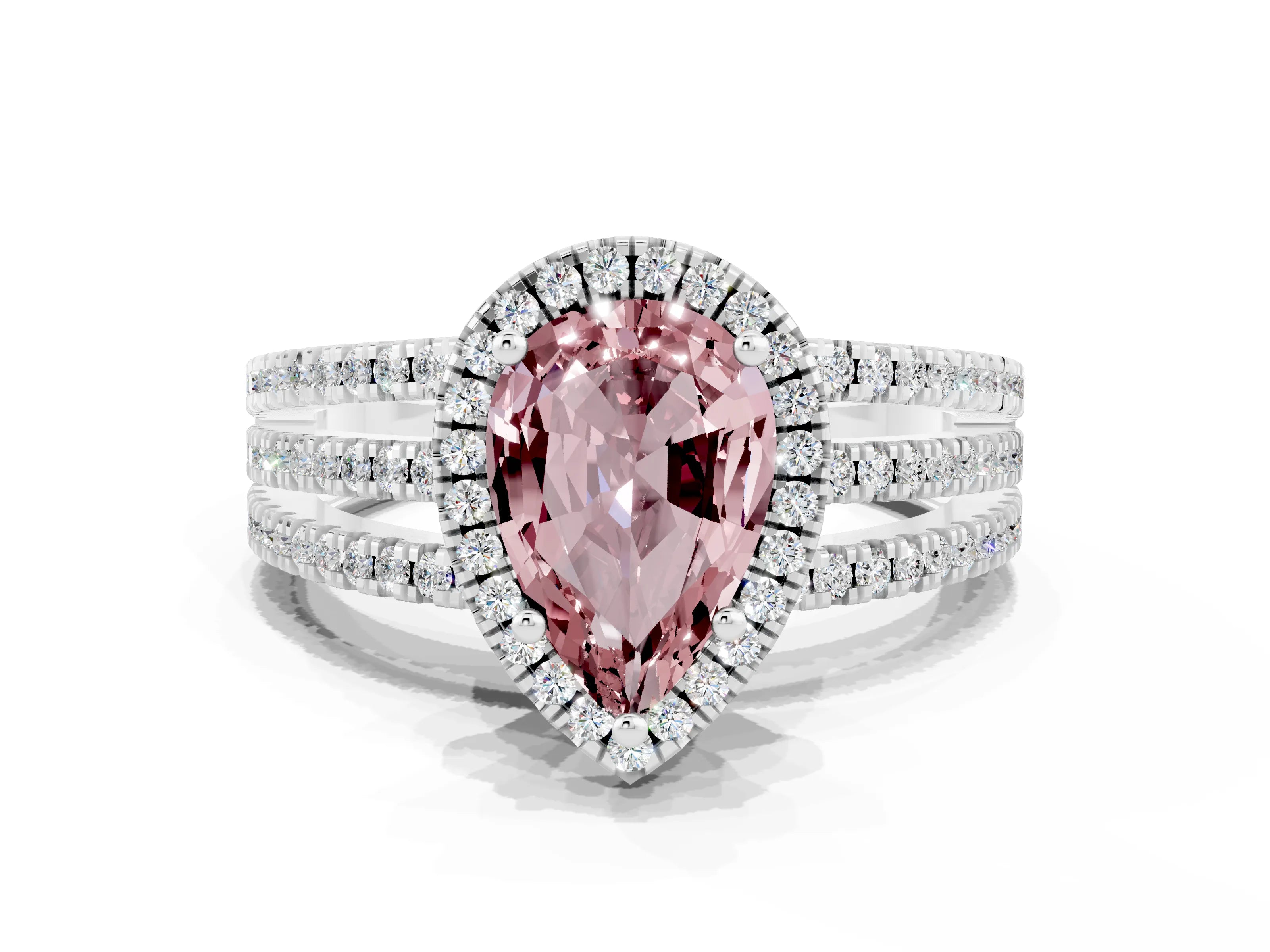 White gold {shape_name} Morganite Halo Engagement Ring with Split Shank and Four-Prong Setting_12