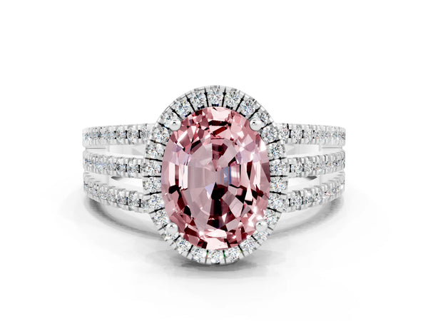 White gold Oval Cut Morganite Halo Engagement Ring with Split Shank and Four-Prong Setting