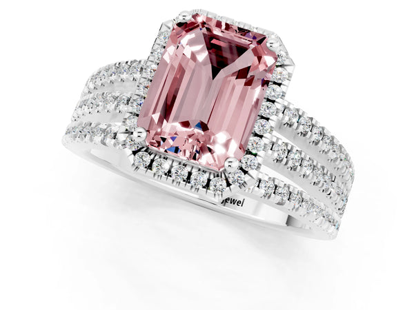 White gold Emerald Cut Morganite Halo Engagement Ring with Split Shank and Four-Prong Setting