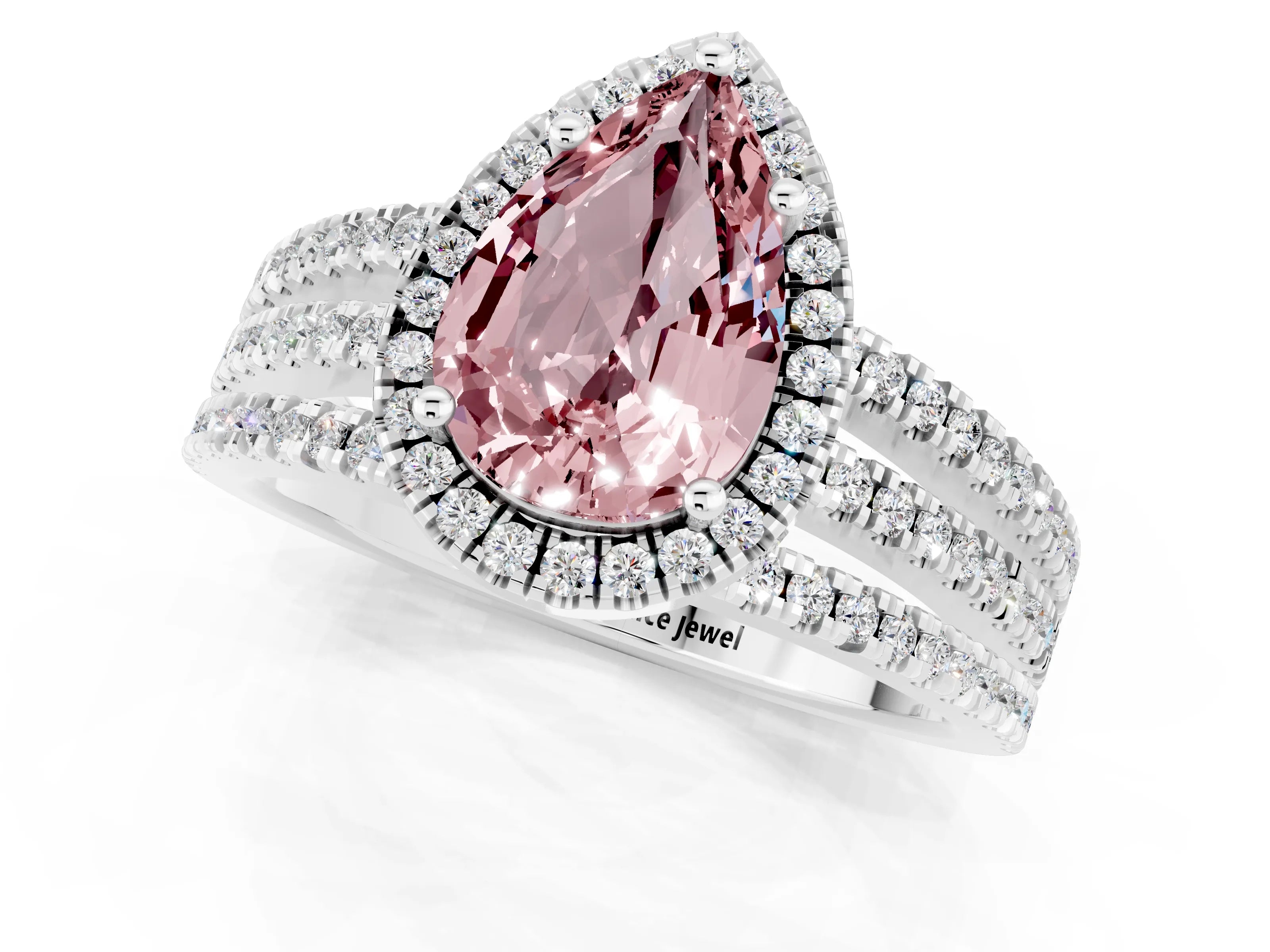White gold {shape_name} Morganite Halo Engagement Ring with Split Shank and Four-Prong Setting_13