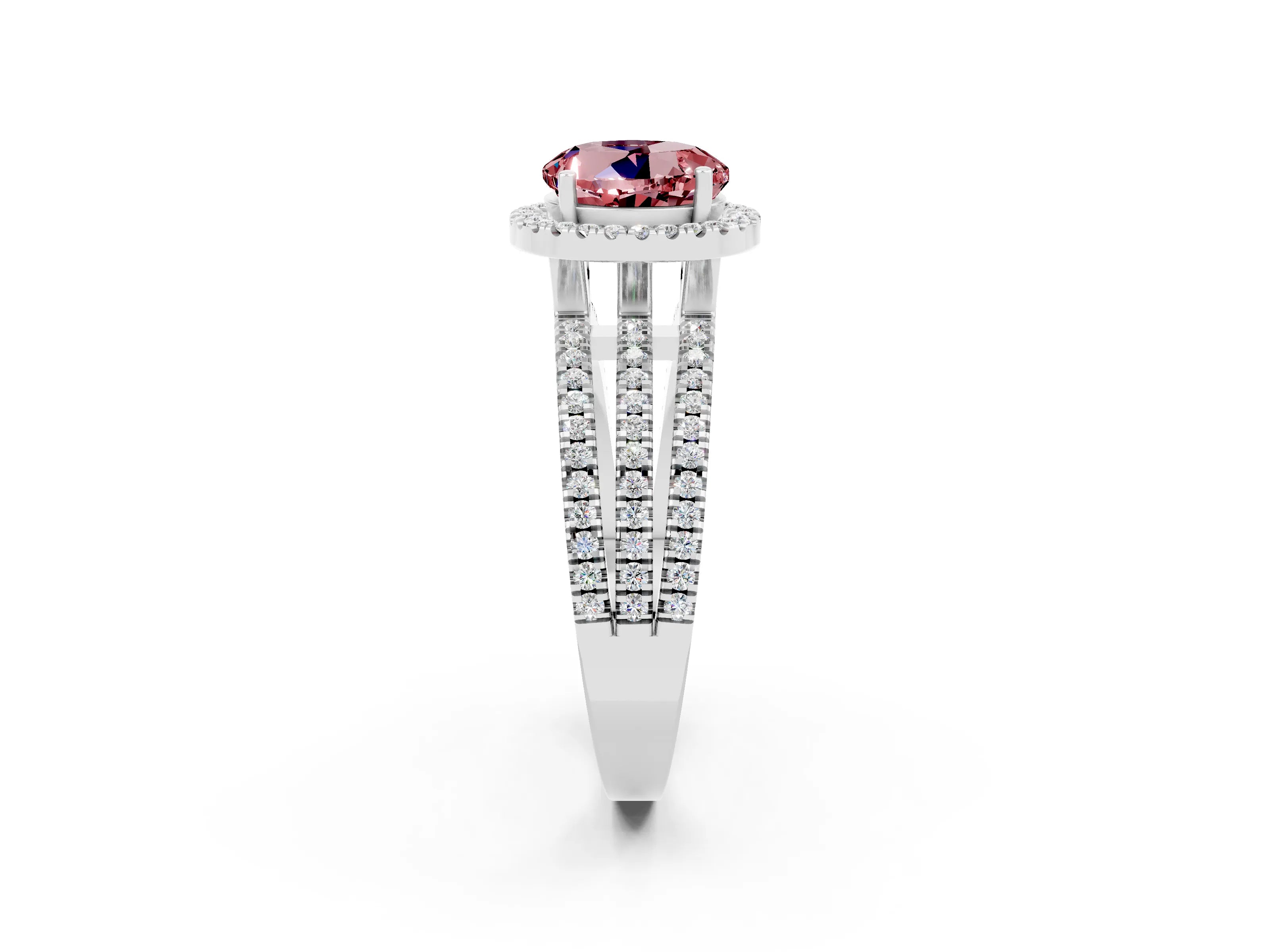 White gold {shape_name} Morganite Halo Engagement Ring with Split Shank and Four-Prong Setting_14
