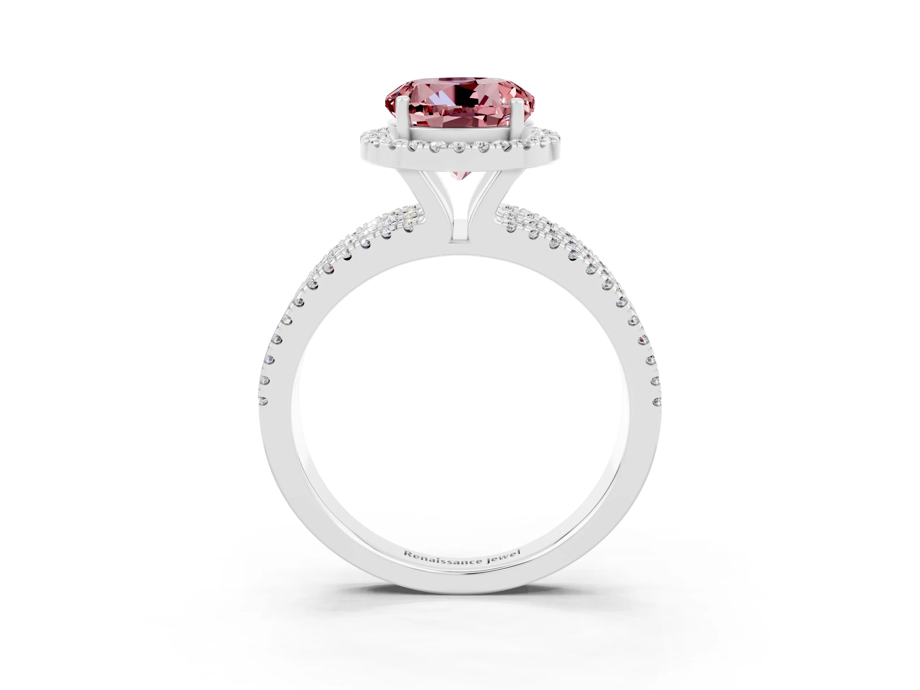 White gold {shape_name} Morganite Halo Engagement Ring with Split Shank and Four-Prong Setting_15