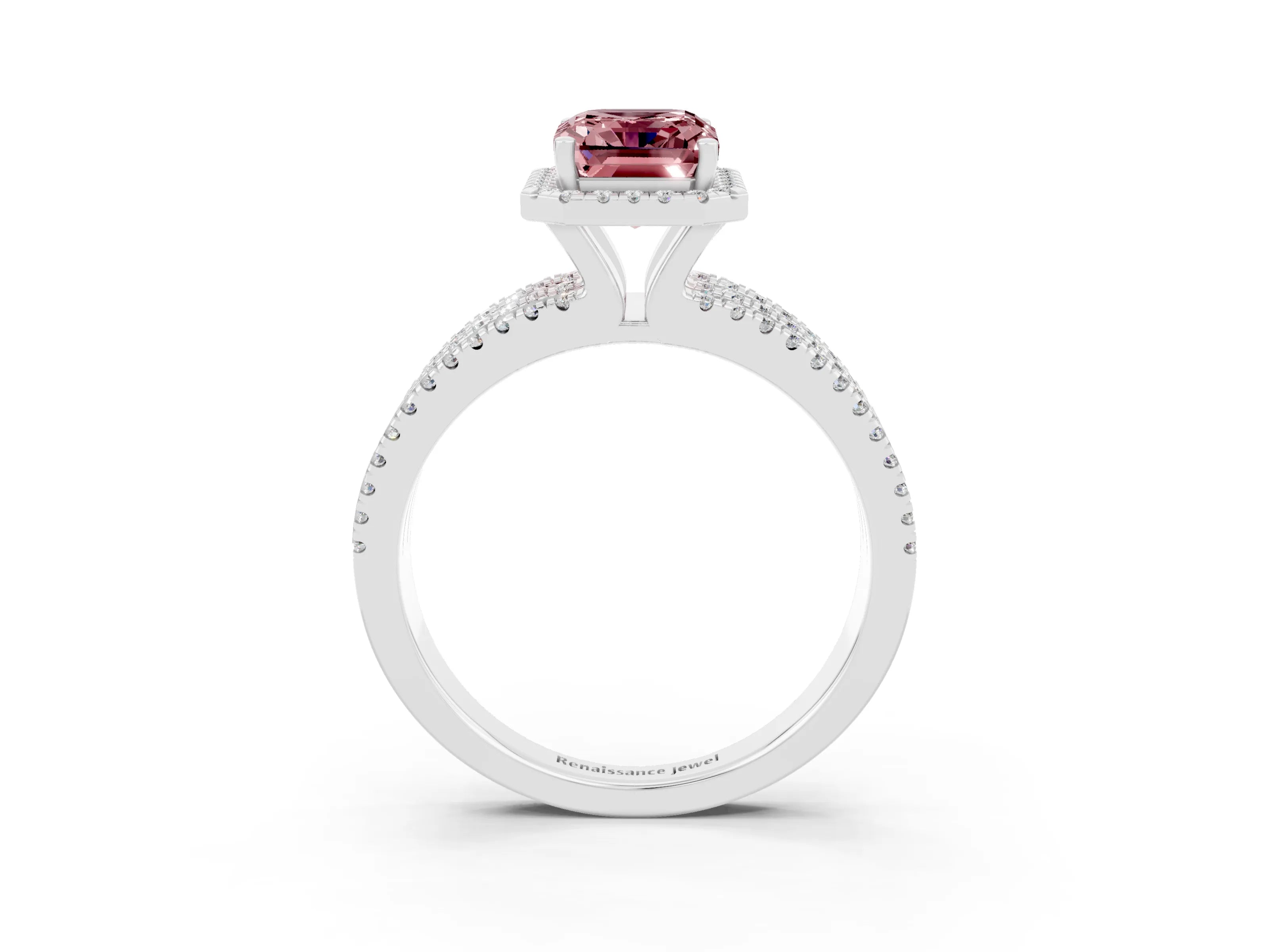 White gold {shape_name} Morganite Halo Engagement Ring with Split Shank and Four-Prong Setting_15