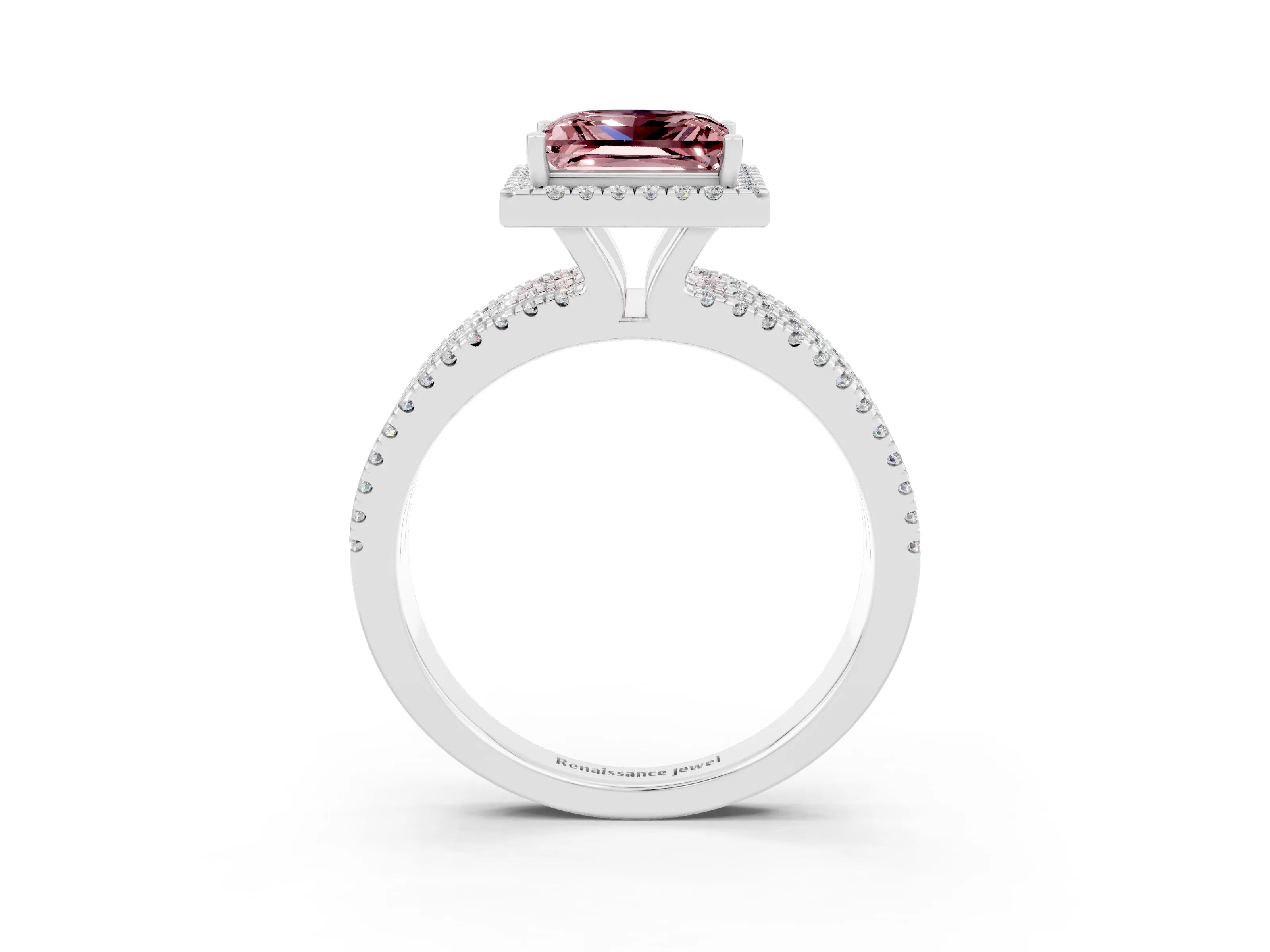White gold {shape_name} Morganite Halo Engagement Ring with Split Shank and Four-Prong Setting_15