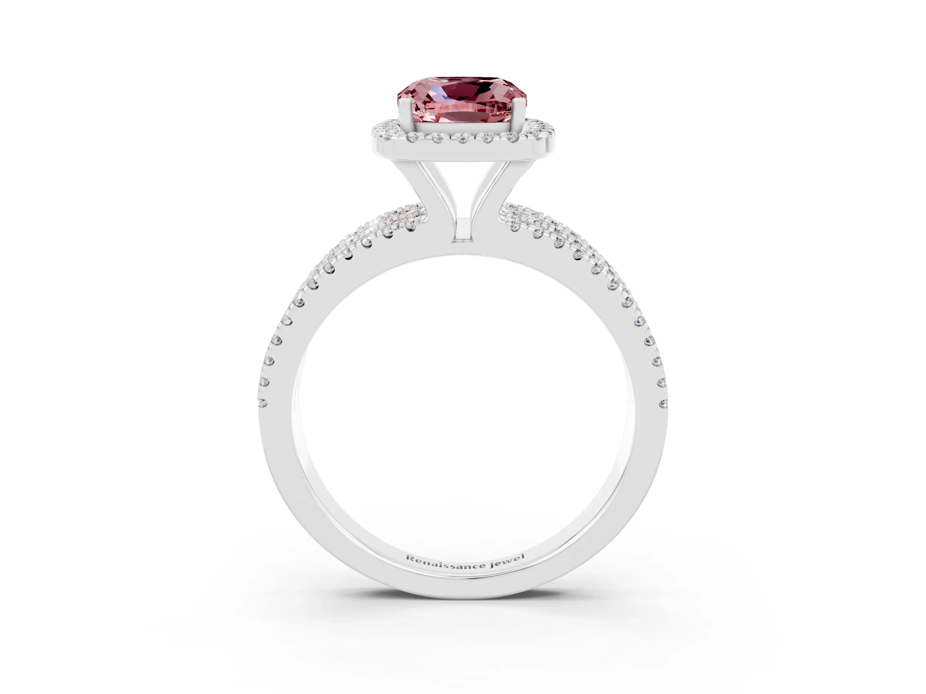 White gold {shape_name} Morganite Halo Engagement Ring with Split Shank and Four-Prong Setting_15