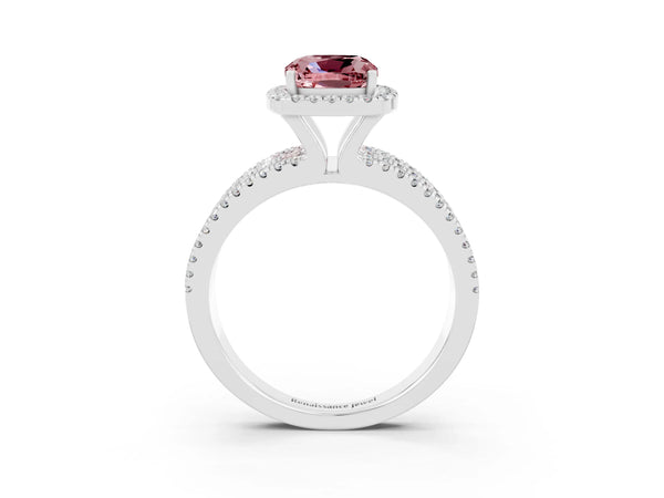 White gold Cushion Cut Morganite Halo Engagement Ring with Split Shank and Four-Prong Setting