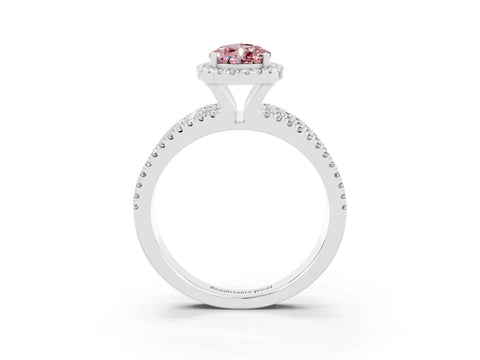 White gold {shape_name} Morganite Halo Engagement Ring with Split Shank and Four-Prong Setting_15