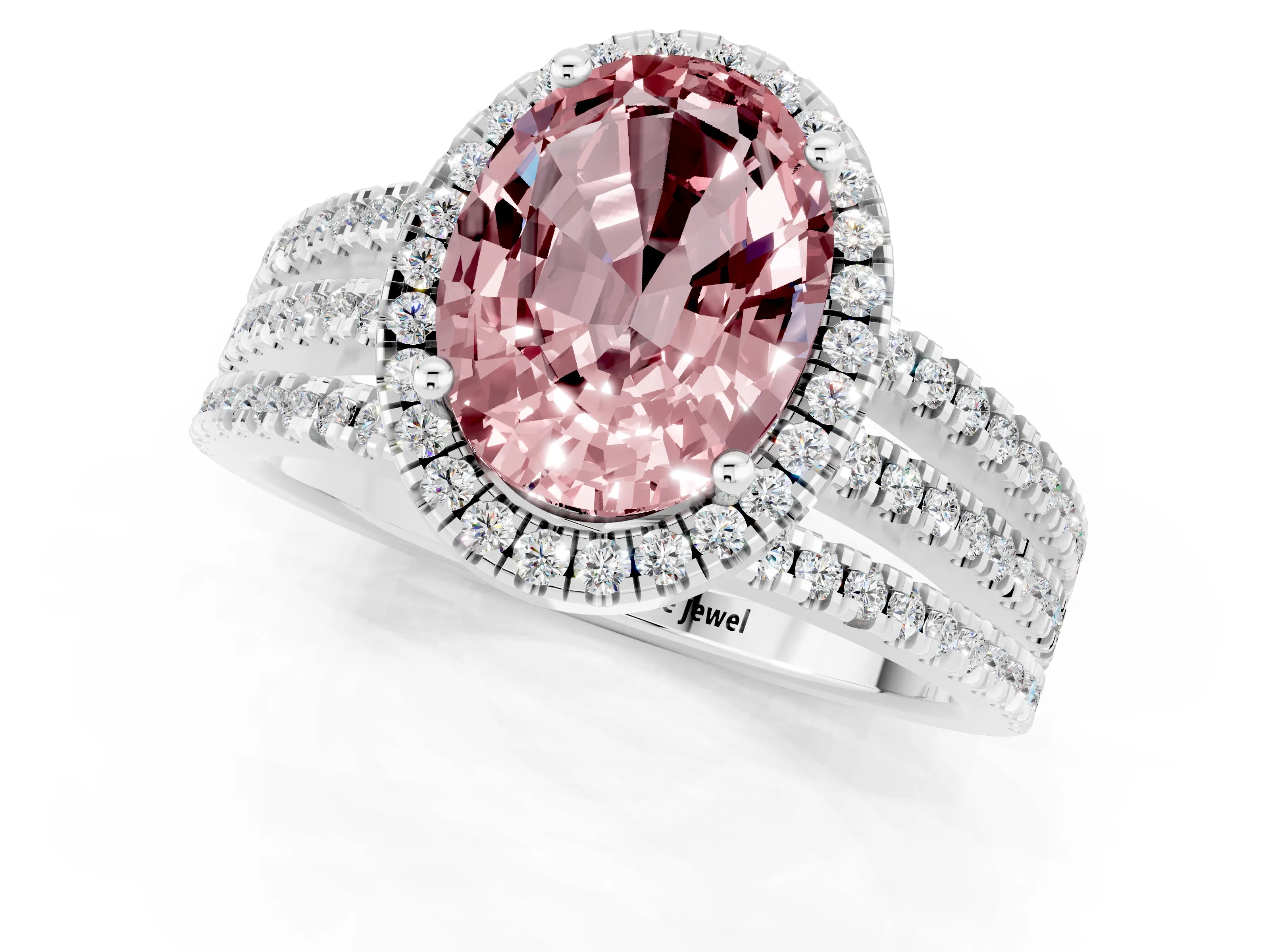 White gold {shape_name} Morganite Halo Engagement Ring with Split Shank and Four-Prong Setting_1
