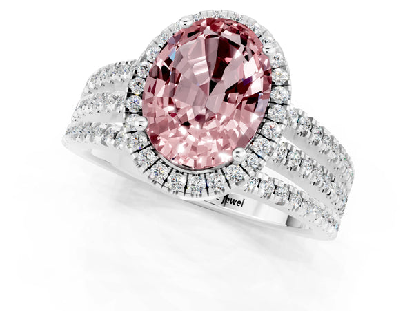 Platinum Oval Cut Morganite Halo Engagement Ring with Split Shank and Four-Prong Setting
