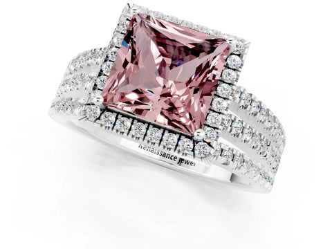 White gold {shape_name} Morganite Halo Engagement Ring with Split Shank and Four-Prong Setting_1