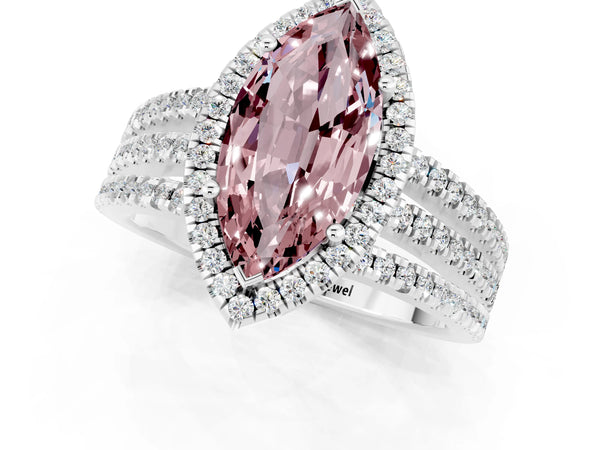 Silver Marquise Cut Morganite Halo Engagement Ring with Split Shank and Four-Prong Setting