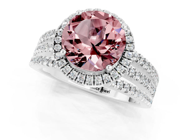 Silver Round Cut Morganite Halo Engagement Ring with Split Shank and Four-Prong Setting