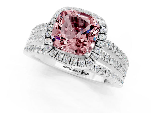 Platinum Cushion Cut Morganite Halo Engagement Ring with Split Shank and Four-Prong Setting