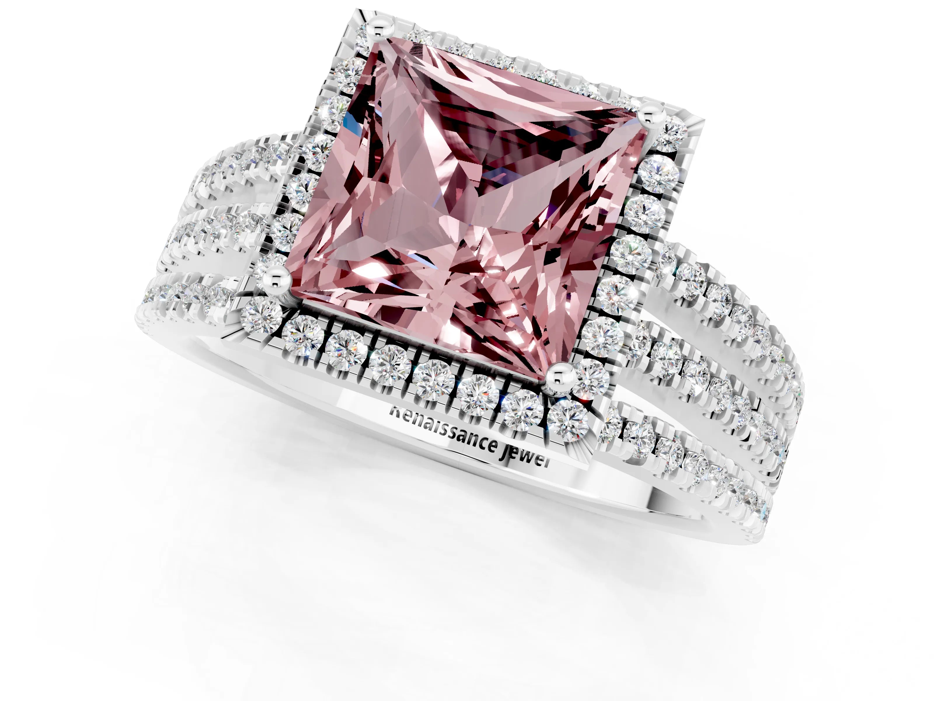 White gold {shape_name} Morganite Halo Engagement Ring with Split Shank and Four-Prong Setting_1