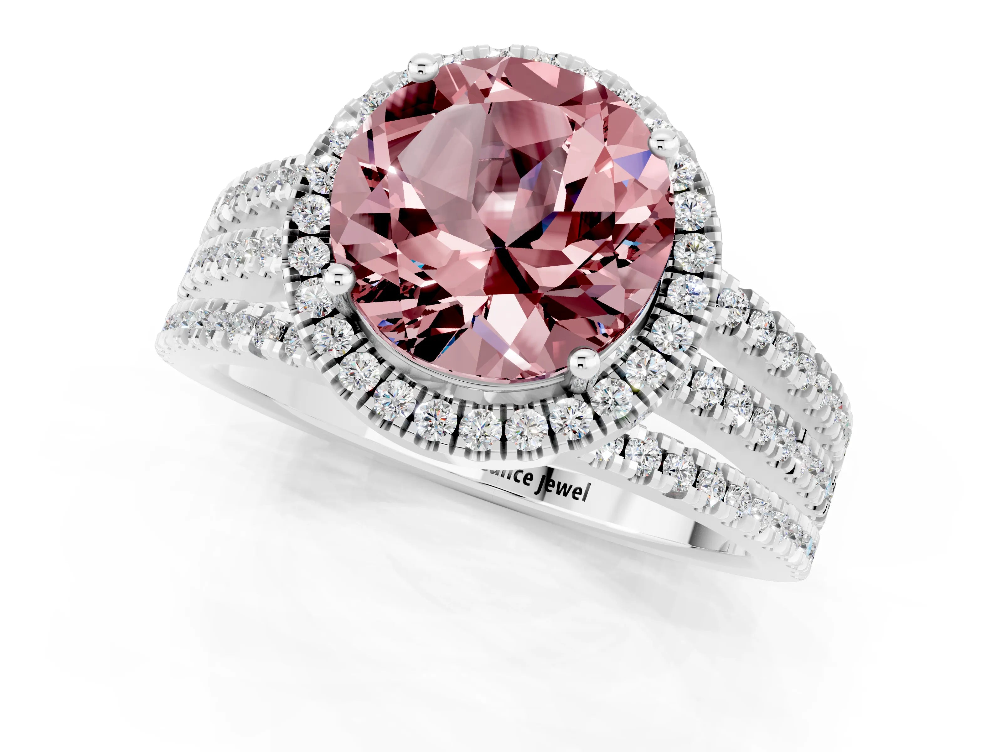 White gold {shape_name} Morganite Halo Engagement Ring with Split Shank and Four-Prong Setting_1