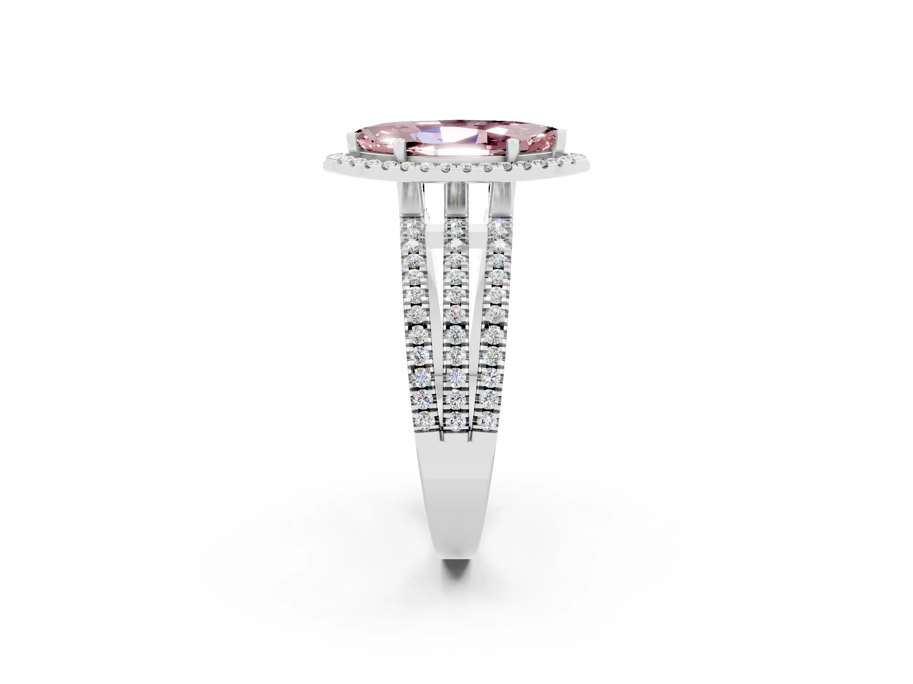 White gold {shape_name} Morganite Halo Engagement Ring with Split Shank and Four-Prong Setting_2