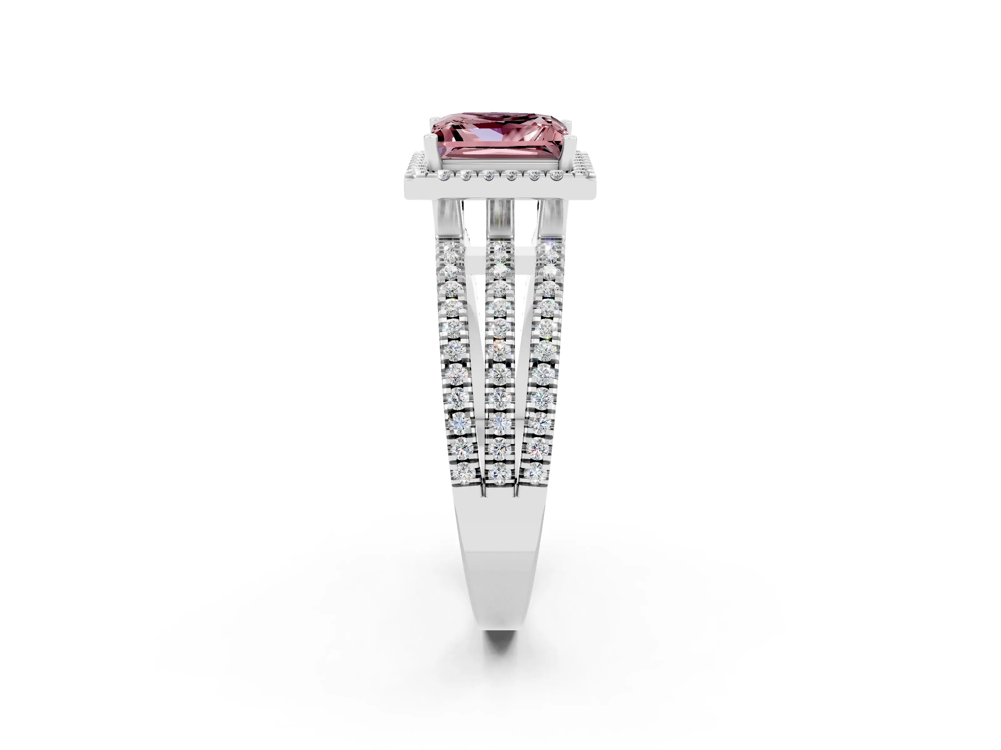 White gold {shape_name} Morganite Halo Engagement Ring with Split Shank and Four-Prong Setting_2
