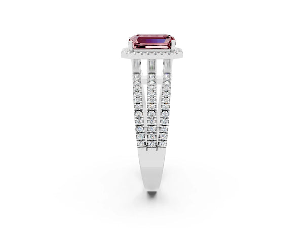 Platinum Emerald Cut Morganite Halo Engagement Ring with Split Shank and Four-Prong Setting