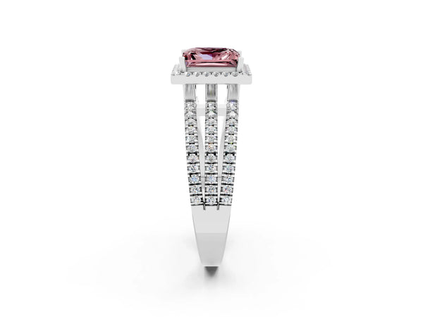 Platinum Princess Cut Morganite Halo Engagement Ring with Split Shank and Four-Prong Setting