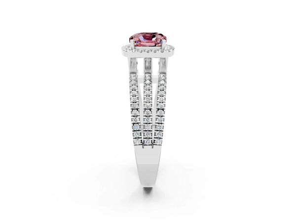 Platinum Cushion Cut Morganite Halo Engagement Ring with Split Shank and Four-Prong Setting
