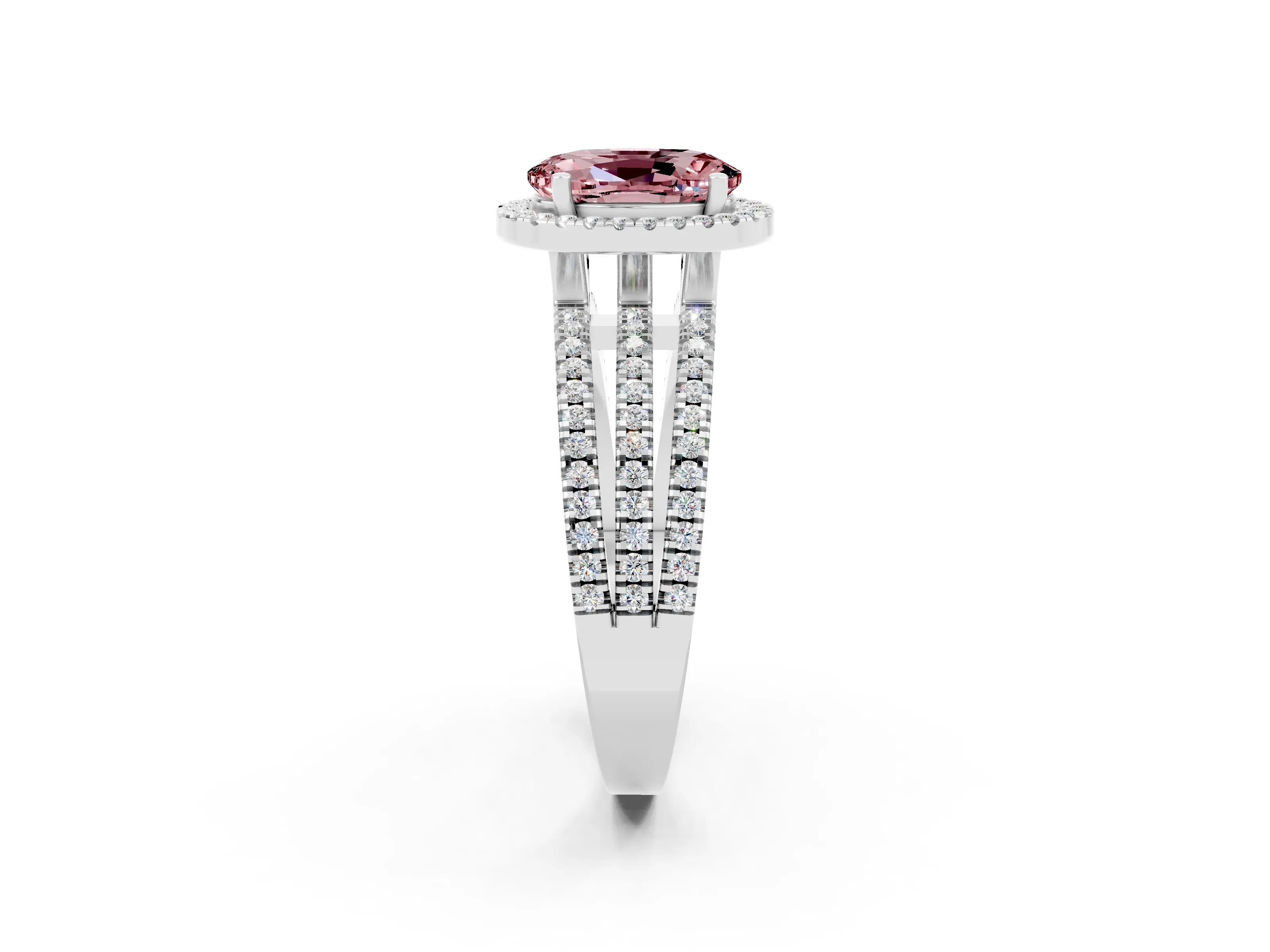 White gold {shape_name} Morganite Halo Engagement Ring with Split Shank and Four-Prong Setting_2