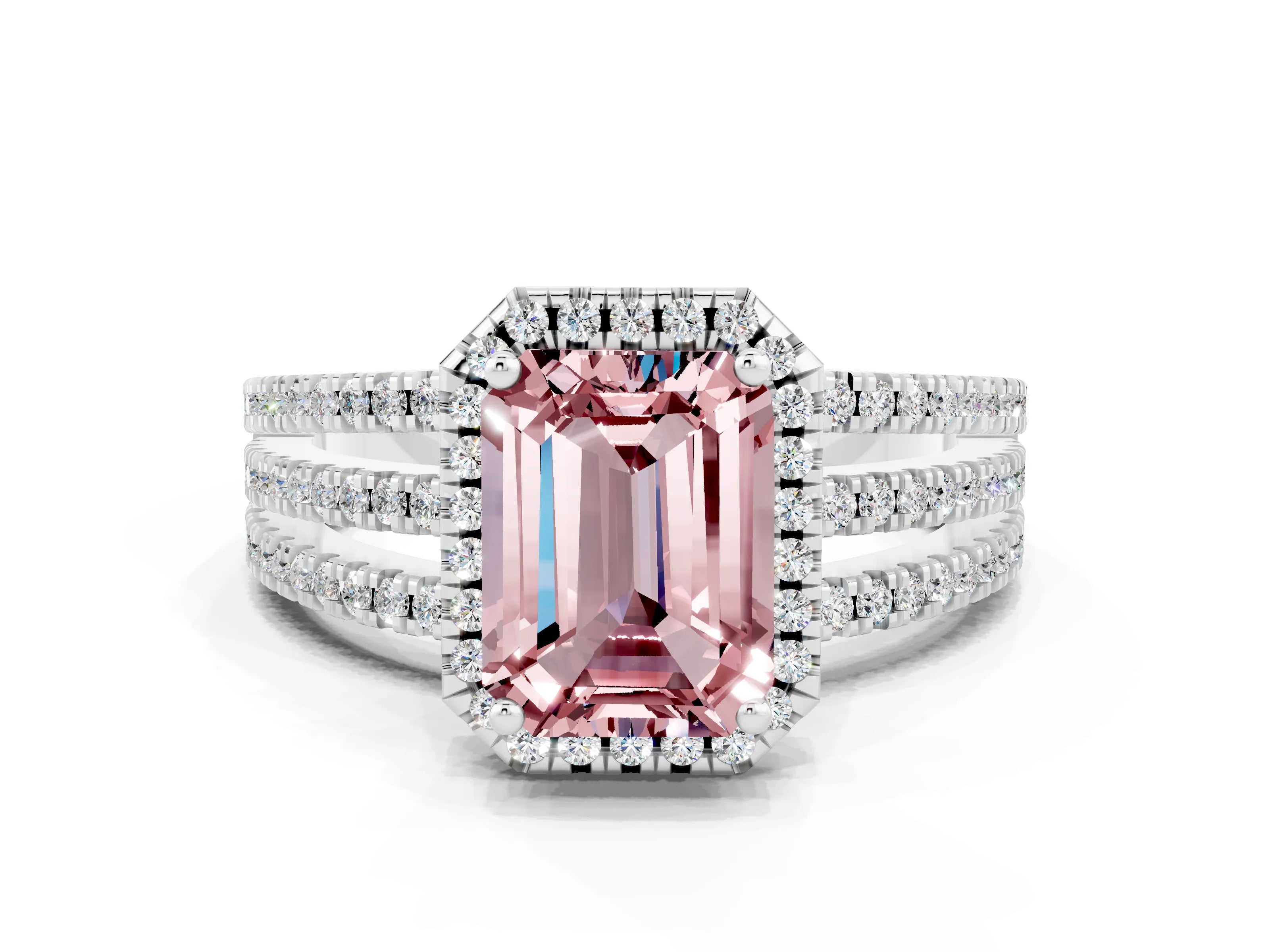 White gold {shape_name} Morganite Halo Engagement Ring with Split Shank and Four-Prong Setting