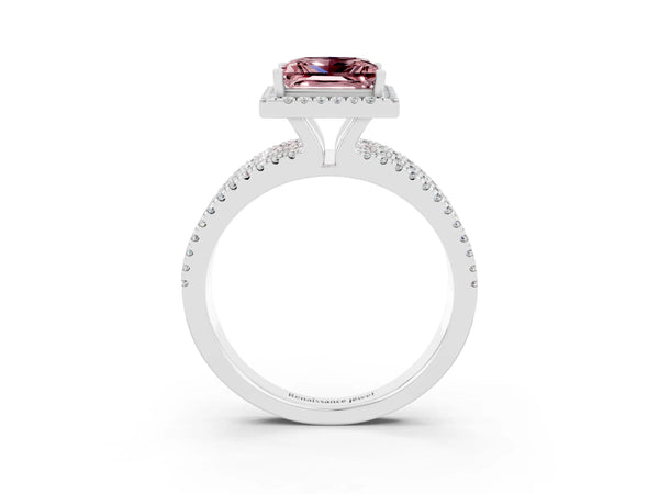 Platinum Princess Cut Morganite Halo Engagement Ring with Split Shank and Four-Prong Setting