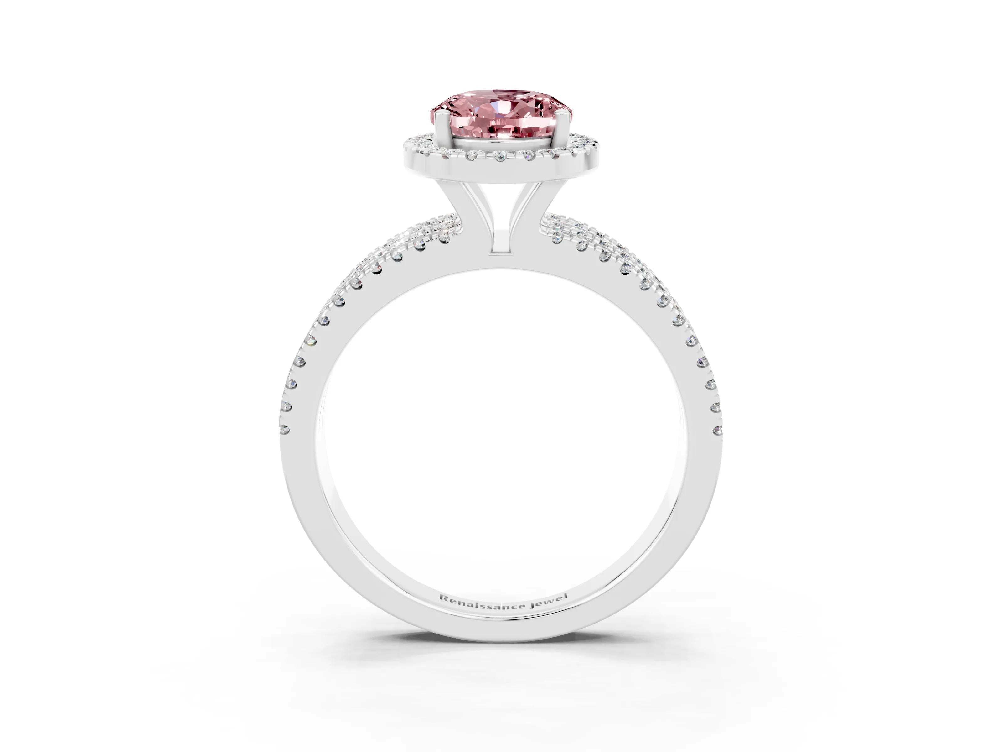 White gold {shape_name} Morganite Halo Engagement Ring with Split Shank and Four-Prong Setting_3