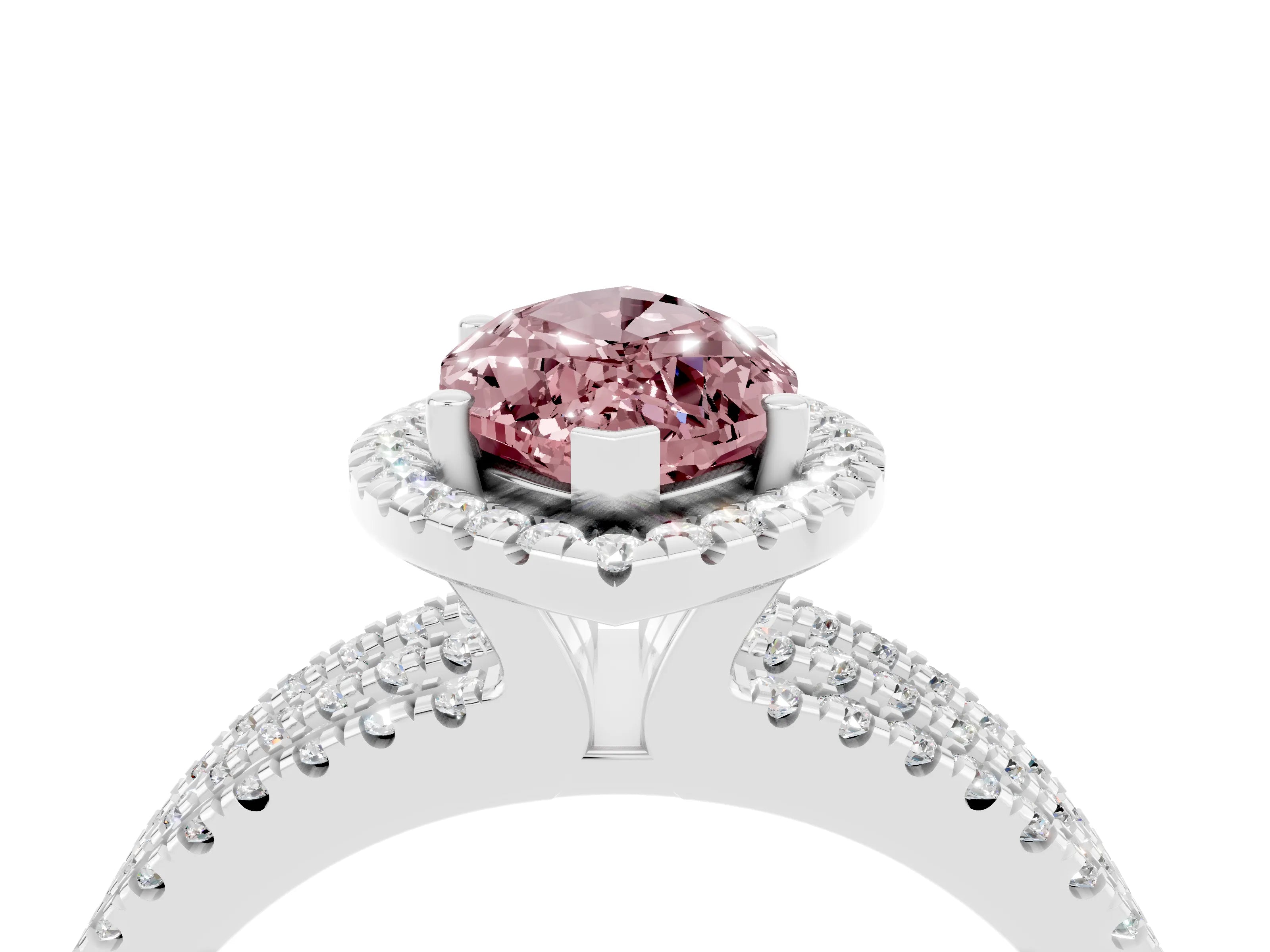 White gold {shape_name} Morganite Halo Engagement Ring with Split Shank and Four-Prong Setting_4