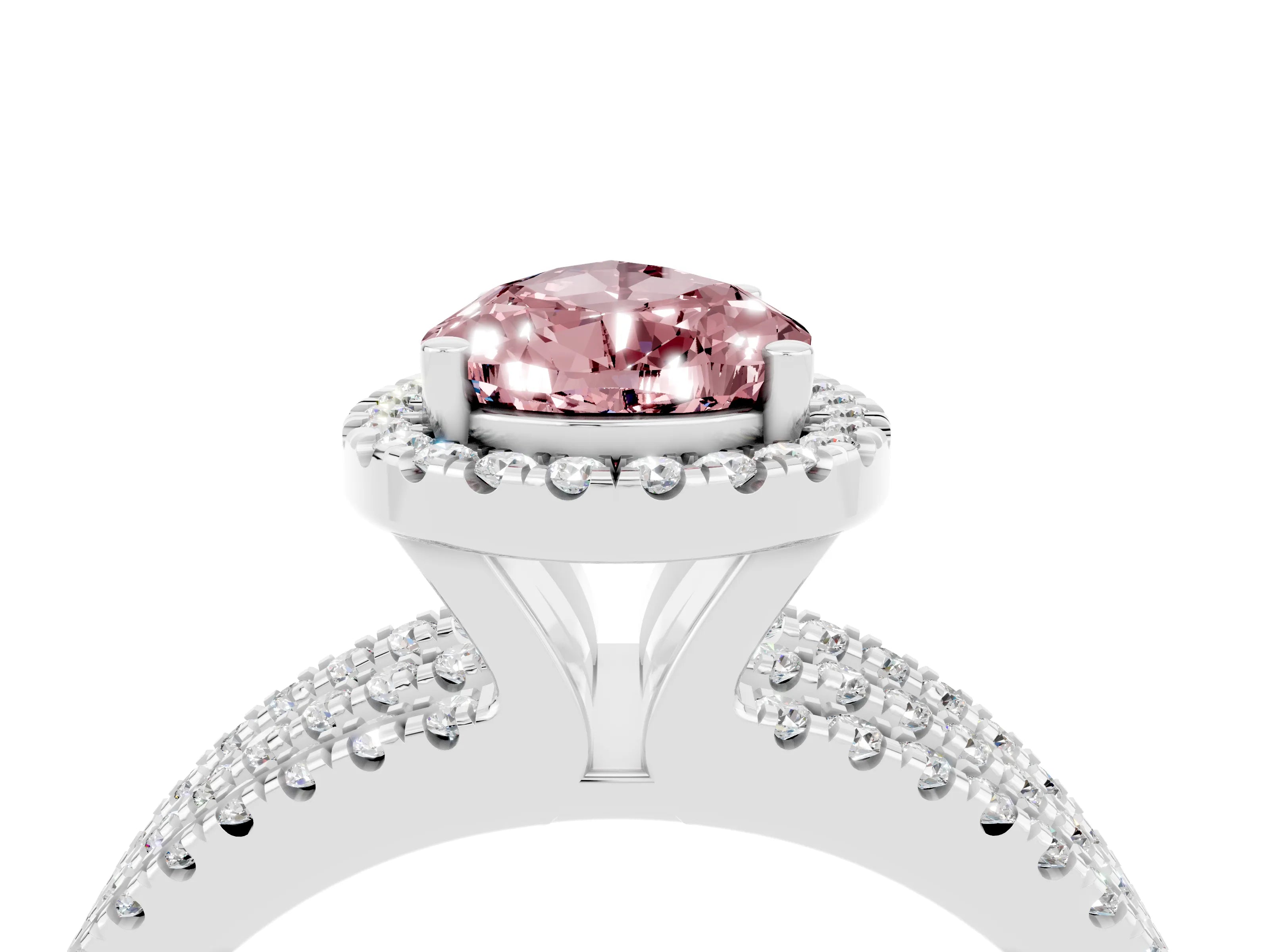 White gold {shape_name} Morganite Halo Engagement Ring with Split Shank and Four-Prong Setting_4
