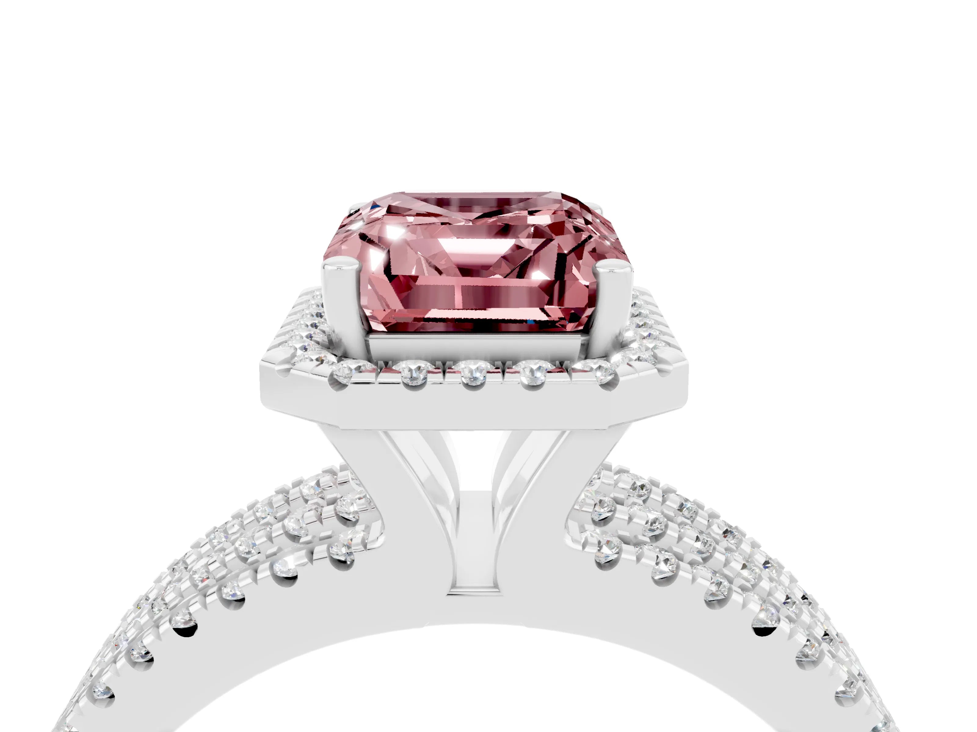 White gold {shape_name} Morganite Halo Engagement Ring with Split Shank and Four-Prong Setting_4