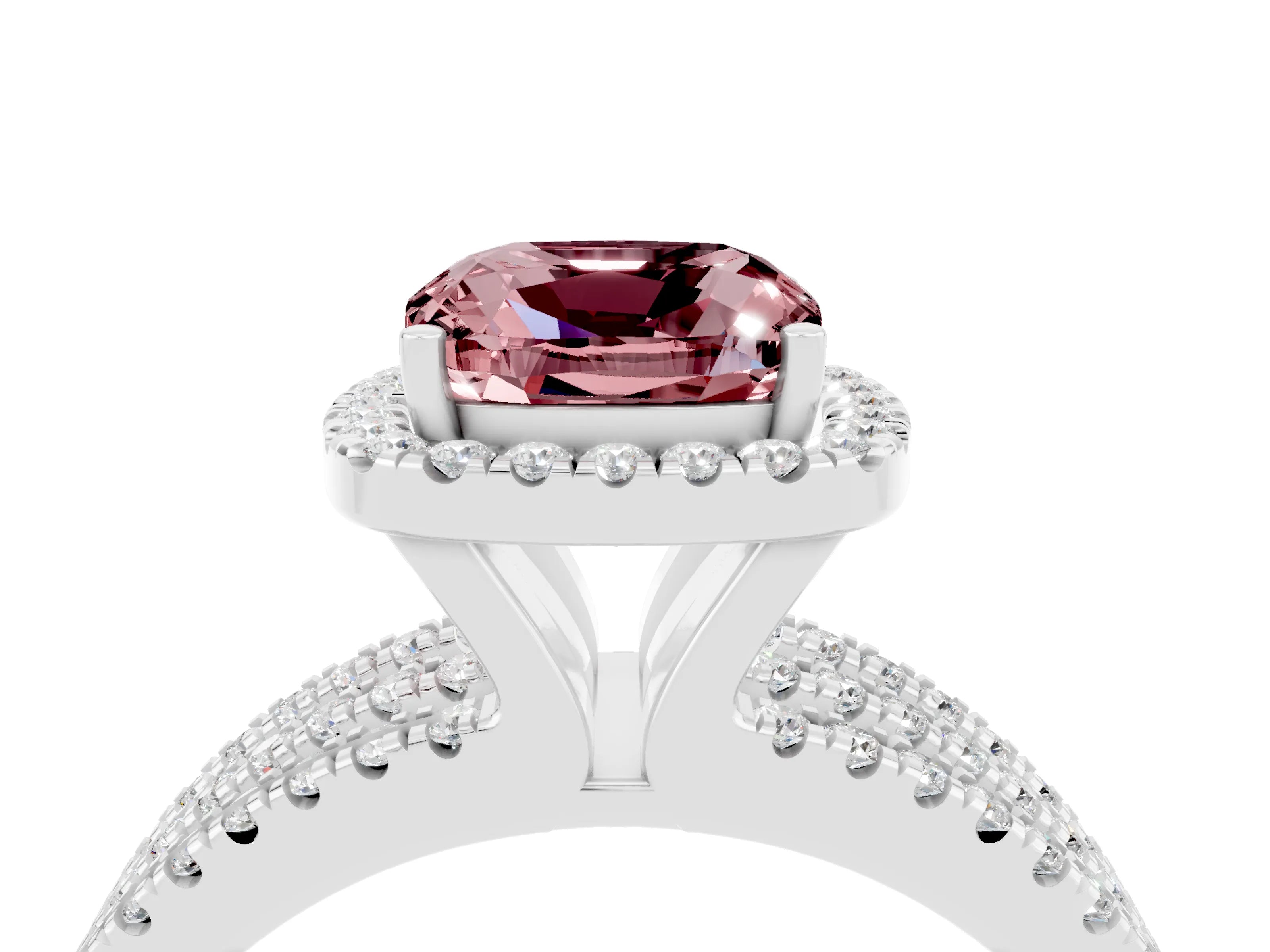 White gold {shape_name} Morganite Halo Engagement Ring with Split Shank and Four-Prong Setting_4
