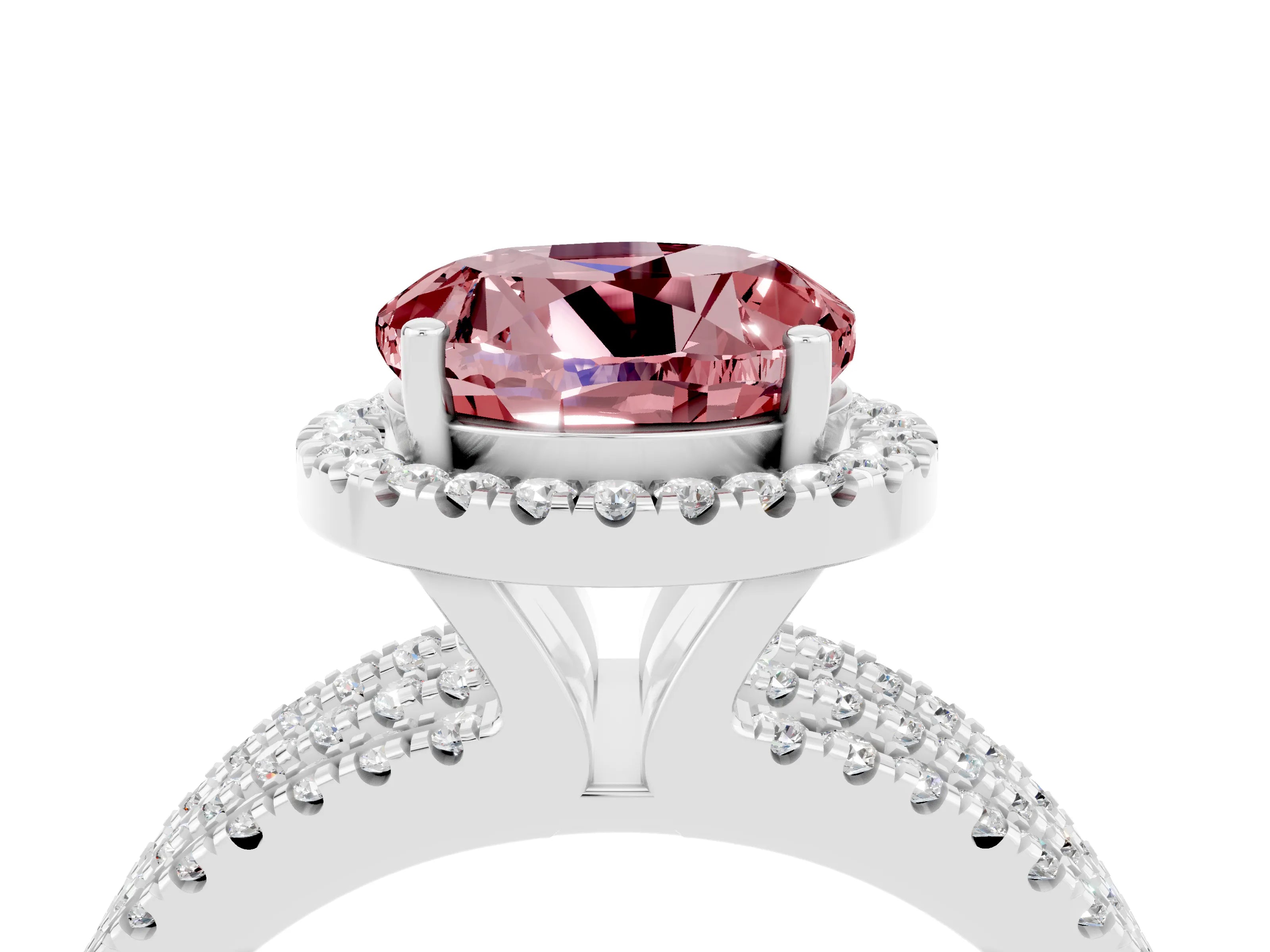 White gold {shape_name} Morganite Halo Engagement Ring with Split Shank and Four-Prong Setting_4